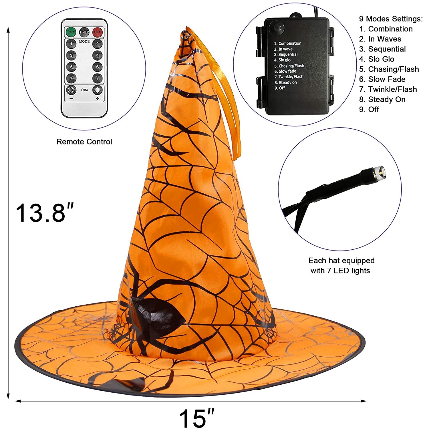 FUNPENY Halloween Decoration Lights, 8 PCS Waterproof Hanging Witch Hat with String Lights with Remote, Hanging Halloween Decora