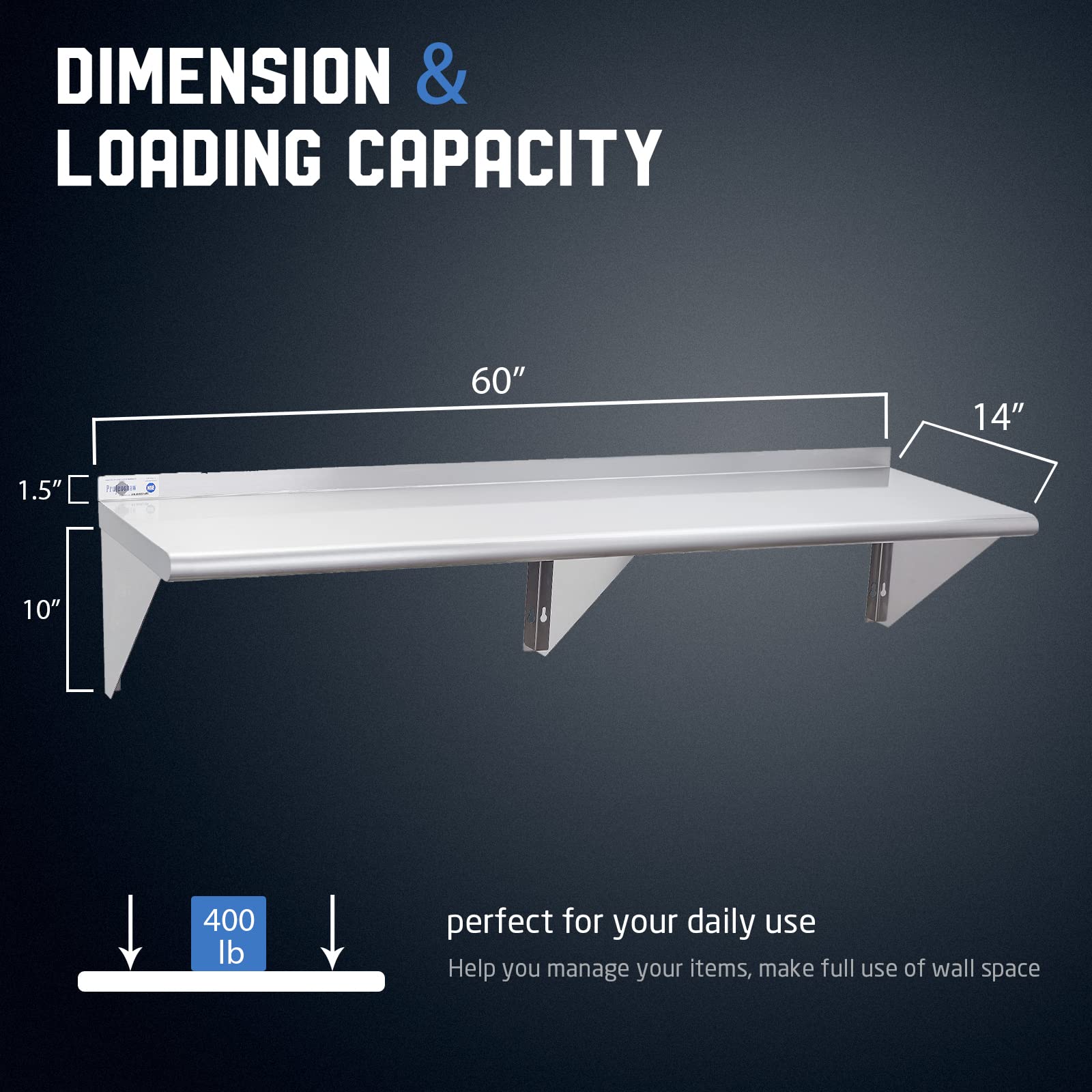 Profeeshaw NSF Stainless Steel Shelf 14 x 60  400 lb Commercial Shelves Wall Mounted Metal Shelving with Backsplash and 2 Brackets for Restaurant  Bar  Utility Room  Kitchen and Garage