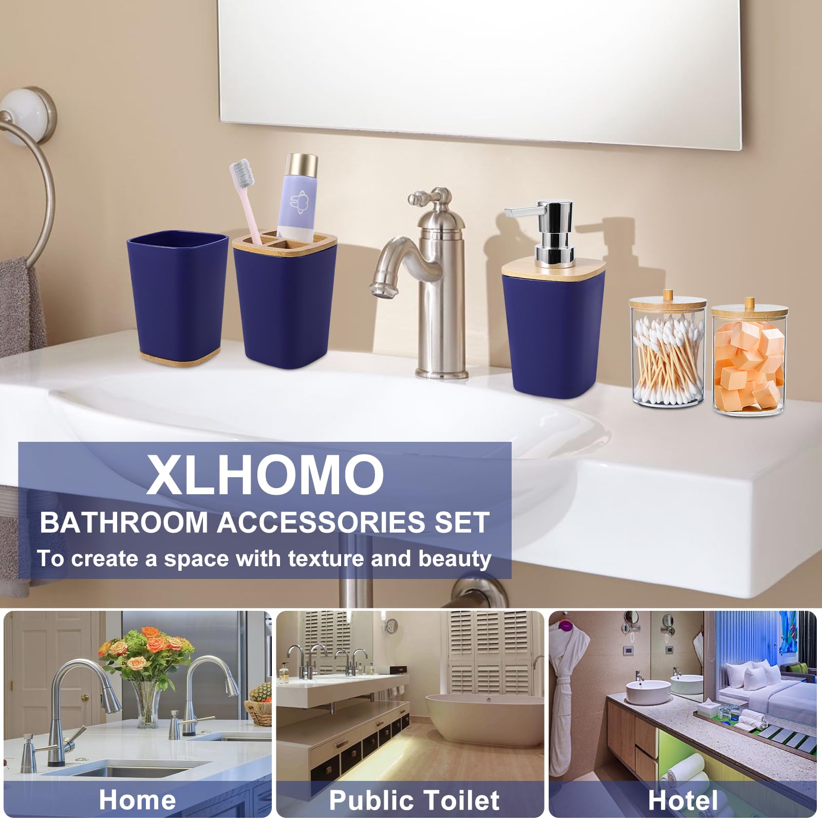 Bathroom Accessories Set, 9 Piece Navy Blue Bathroom Accessory Set With Trash Can,Toothbrush Holder,Toothbrush Cup,Lotion Soap D