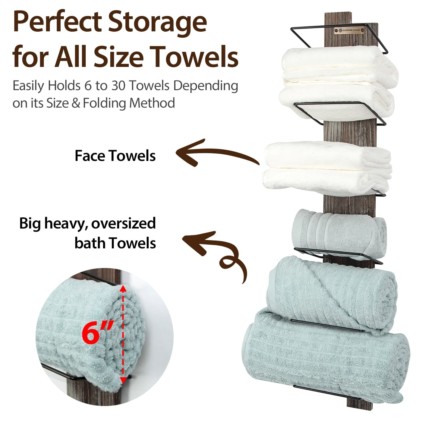 J Jackcube Design Wall Mount Rustic Wood And Metal Towel Rack 6 Tier Shelf Holder For Shower & Hand Towels For Bathroom Hanging