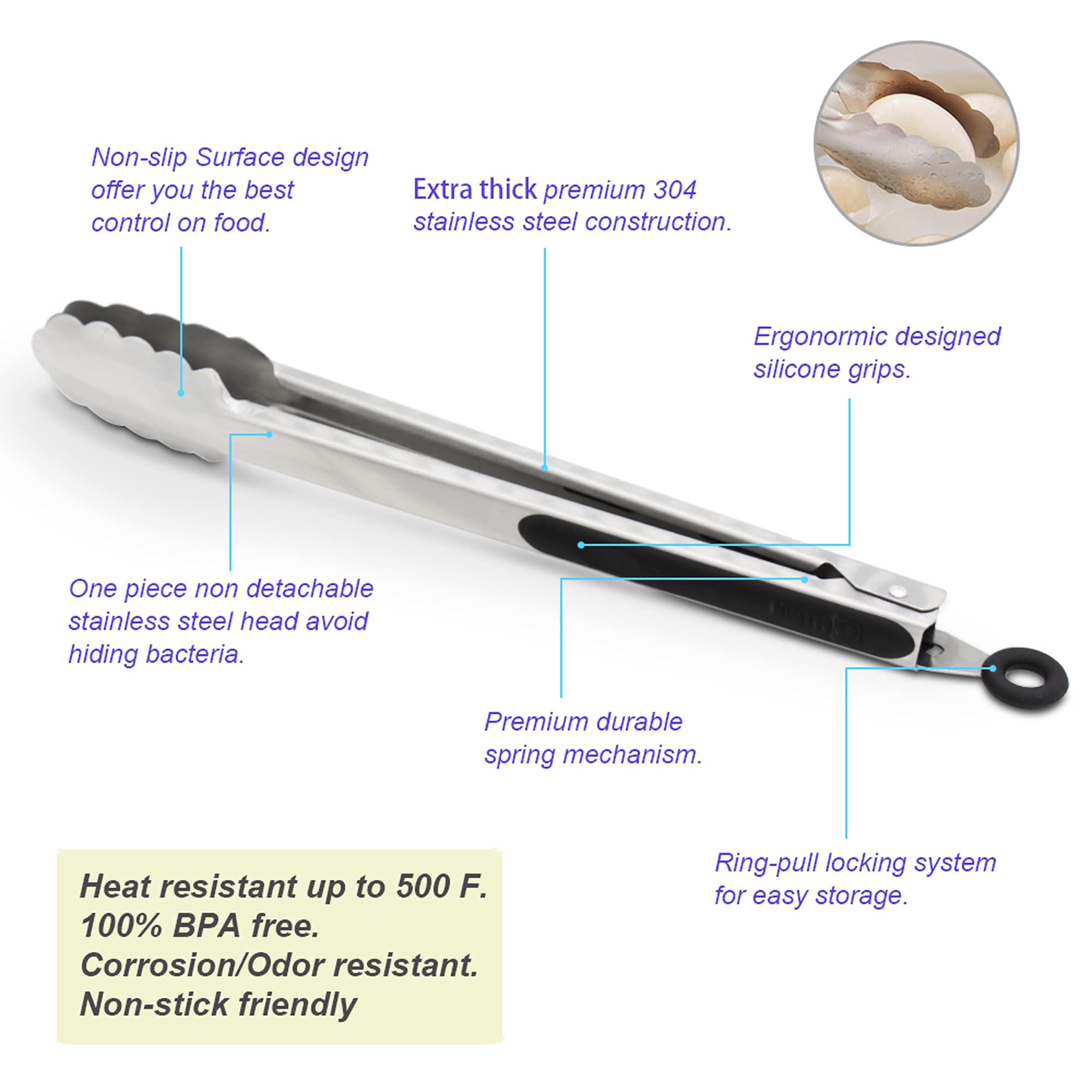 304 Stainless Steel Kitchen Cooking Tongs, 9'' And 12'' Set Of 2 Sturdy Grilling Barbeque Brushed Locking Food Tongs With Ergono
