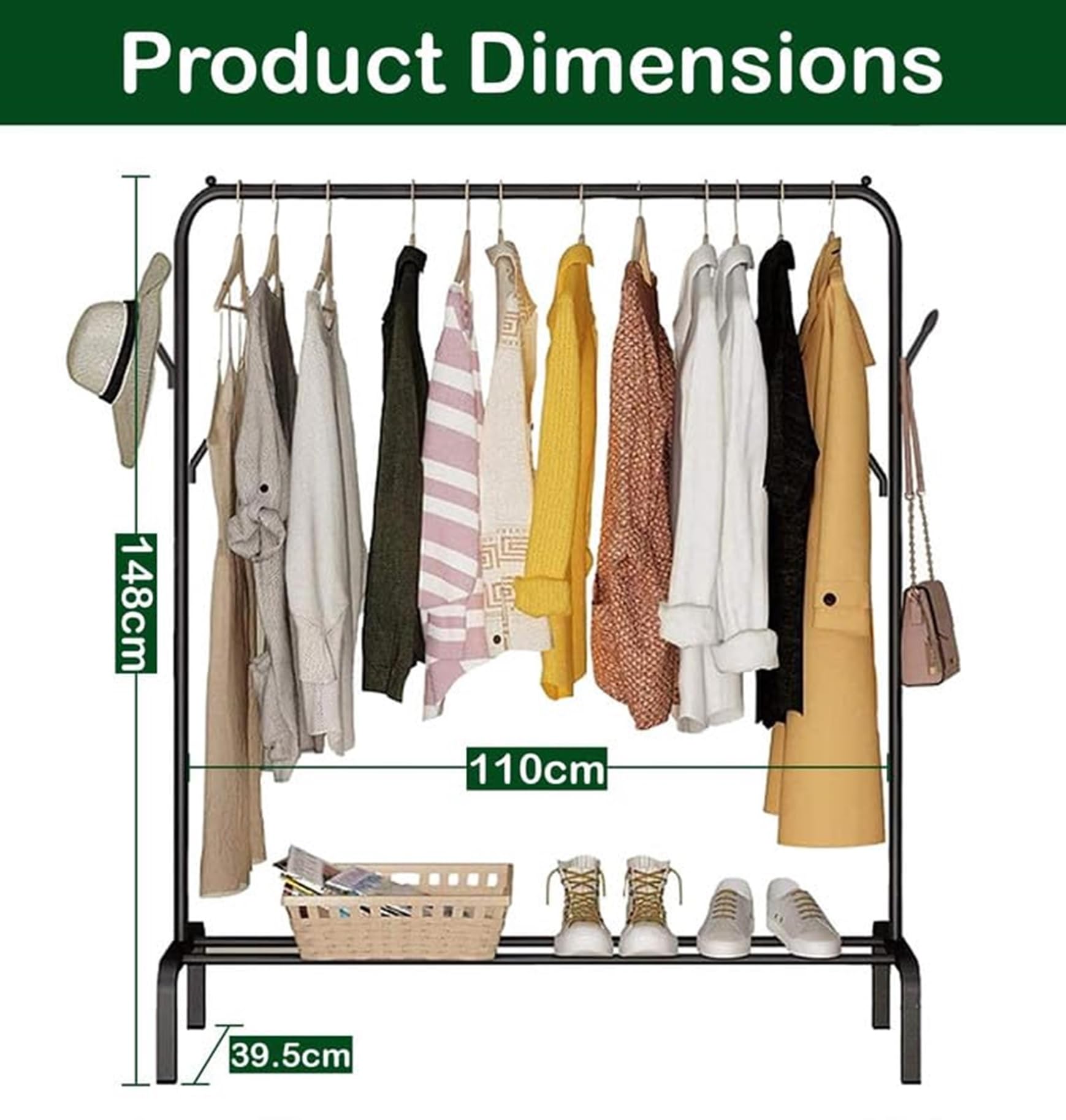 Lukzer Versatile Cloth Stand: Freestanding Metal Garment Rack With Bottom Shelves And Coat Hanger  Perfect Storage Organizer (Bl