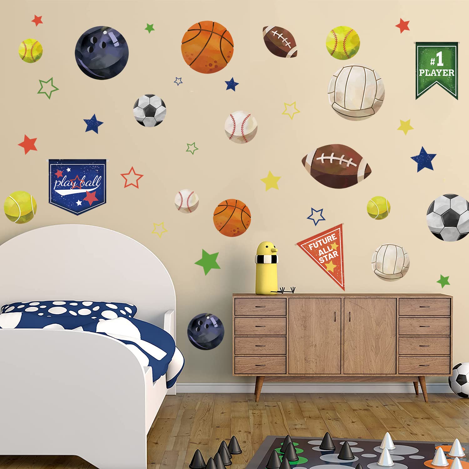 Supzone Sport Balls Stickers Boys Sports Race Flag Decals Colorful Basketball Soccer Baseball Stars DIY Vinyl Wall Art Sticker f
