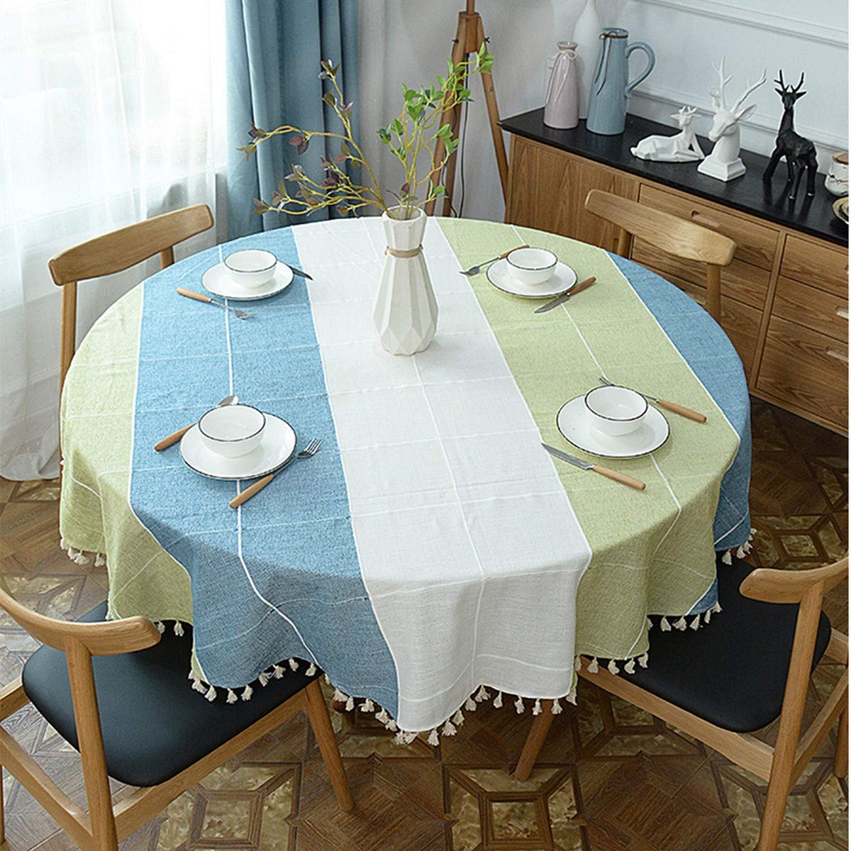 Heavy Weight Cotton Linen Tablecloth  Plaid Tassel Round Table Cover for Kitchen Dining Room Tabletop Decorations  Round - 63''  Blue Green