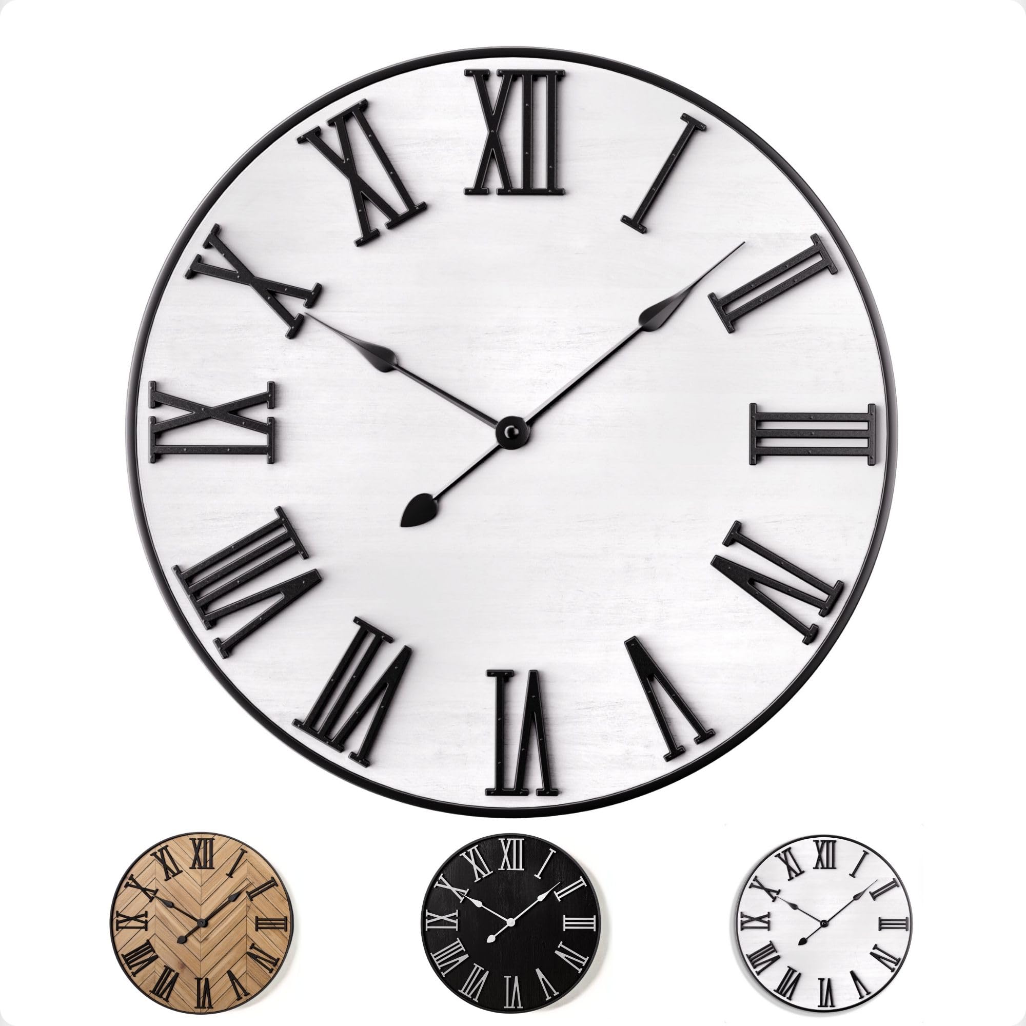 Large Wall Clock 24 Round - Silent Metal & Wood Large Clock - Farmhouse Wall Clock Large - 24 Inch Wall Clock For Living Room De