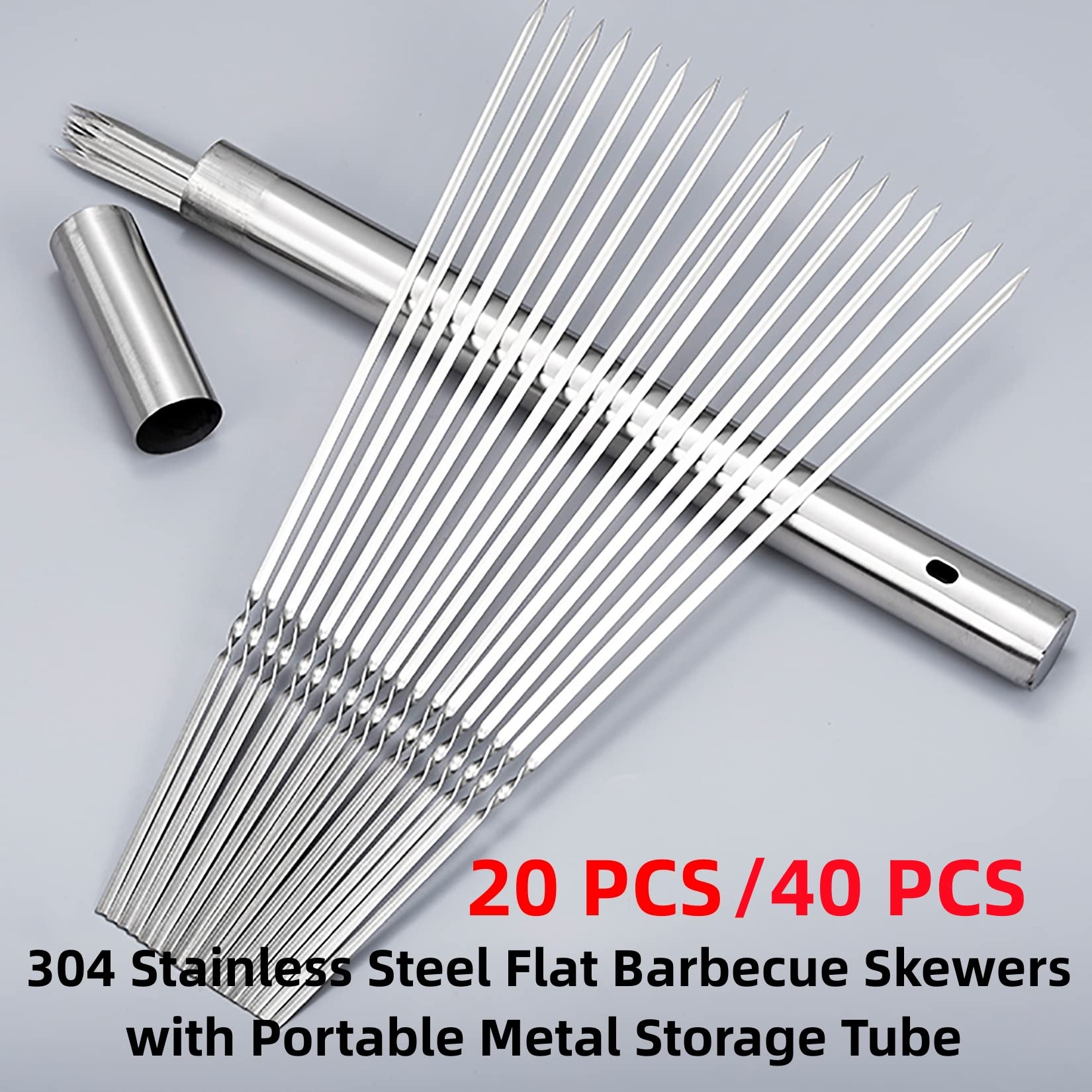 Willbbq 304 Stainless Steel 14.8'' Long Flat Barbecue Skewers,20Pcs/40Pcs Bbq Kebab Skewers With Portable Metal Storage Tube,Reu