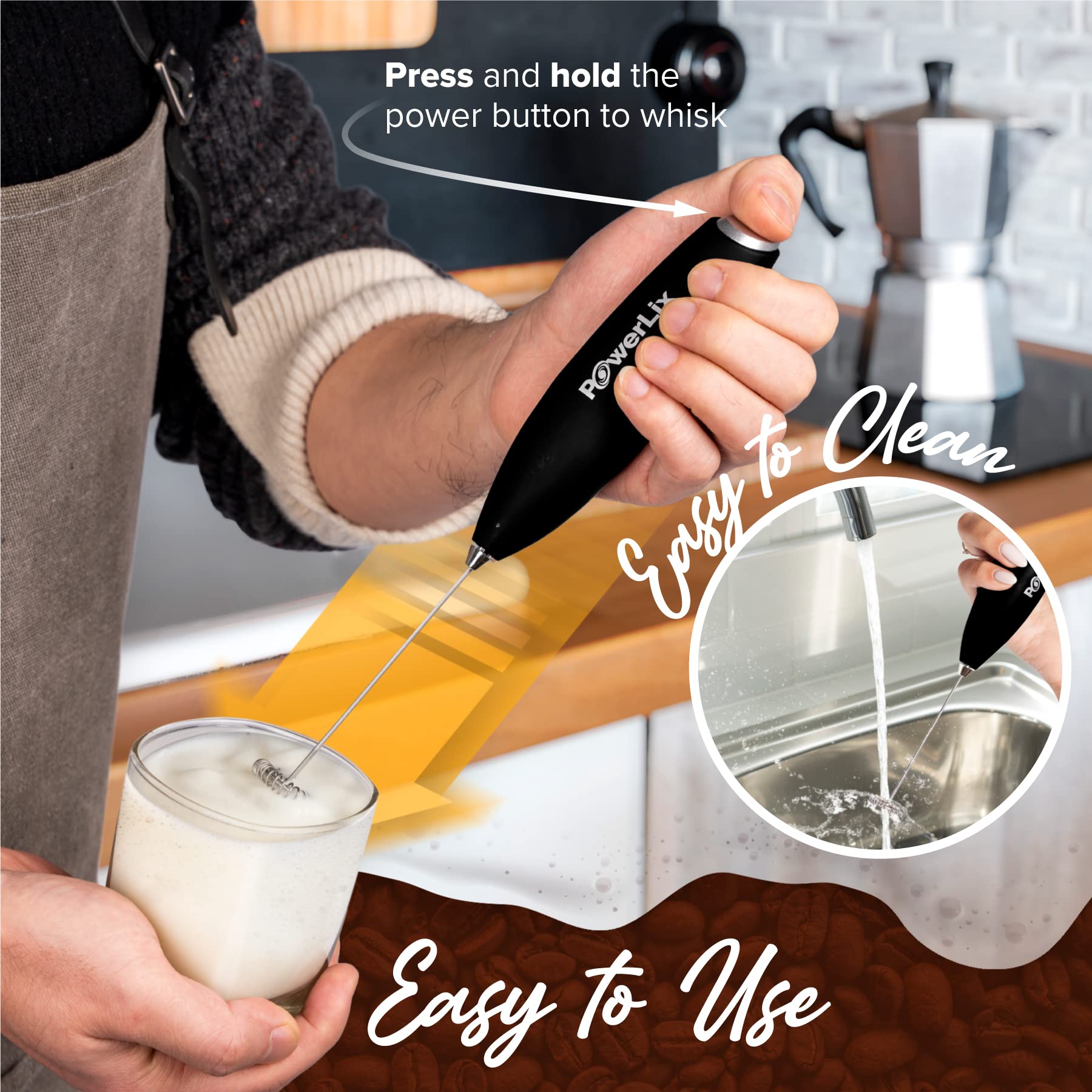 POWERLIX Electric Milk Frother - Handheld Foam Maker, Stainless Steel Whisk, Matte Black, Small/Large for Coffee & Lattes