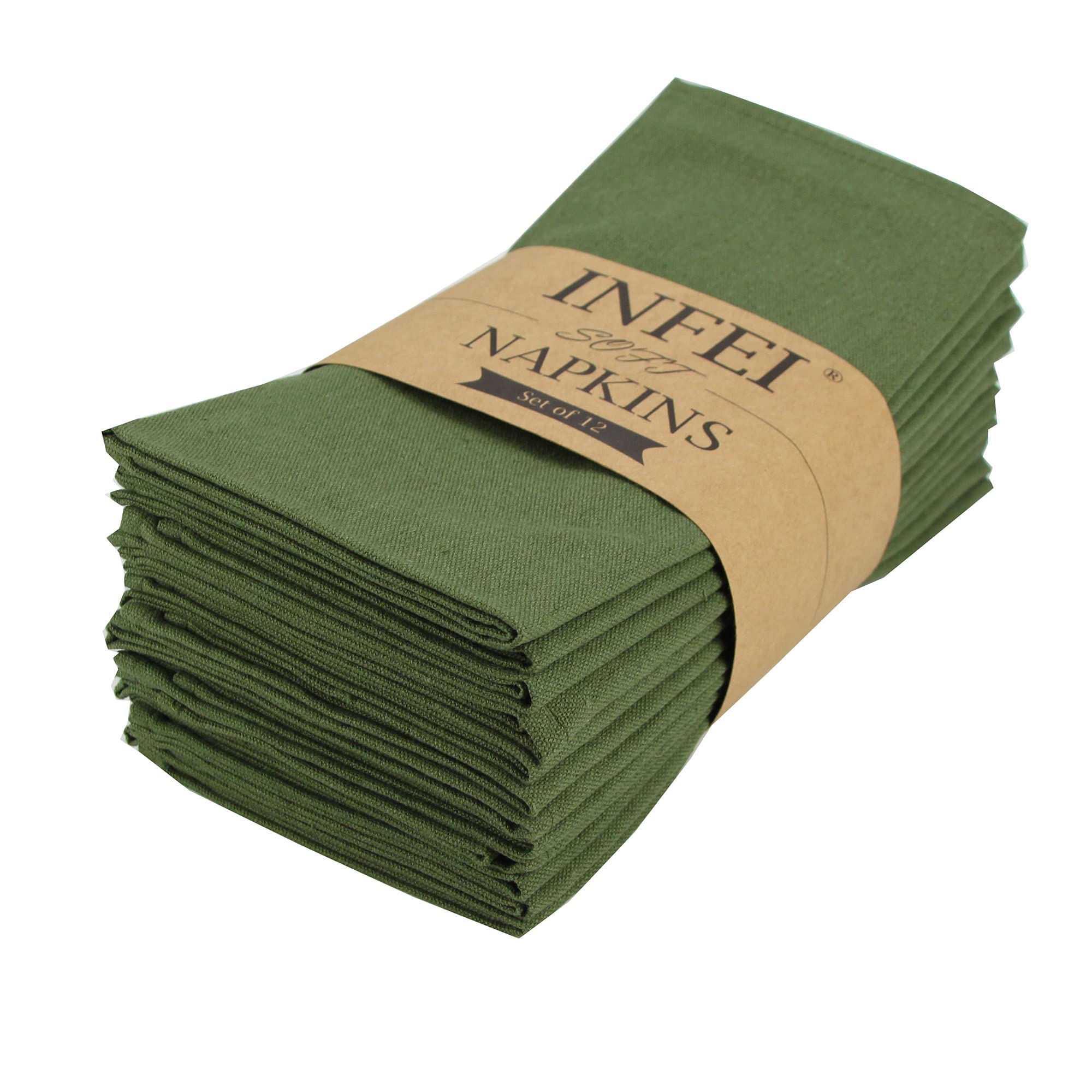 Infei Solid Color Cotton Blended Dinner Cloth Napkins - Set Of 12 (17 X 17 Inches) - For Events & Home Use (Army Green)