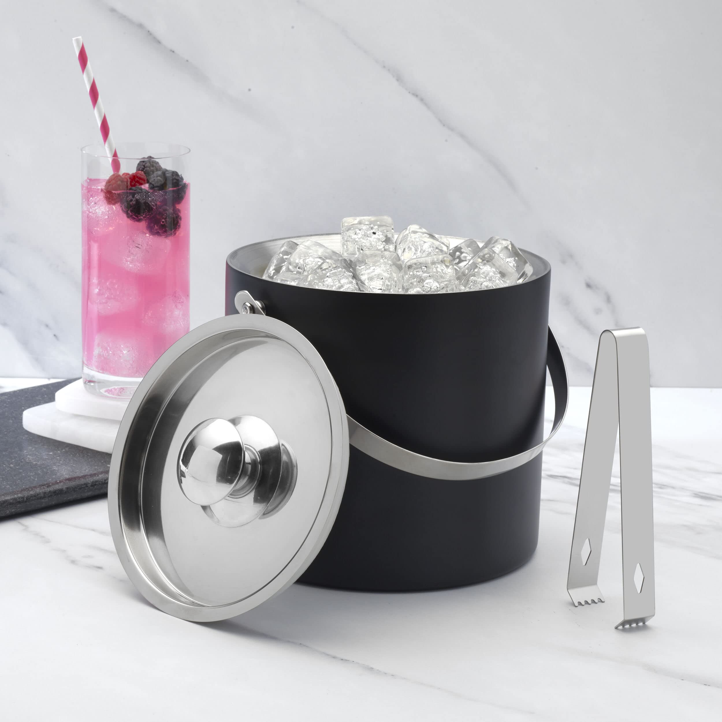 Houdini Double Wall Ice Bucket - Matte Black Stainless Steel with Ice Tongs, Model 5272769