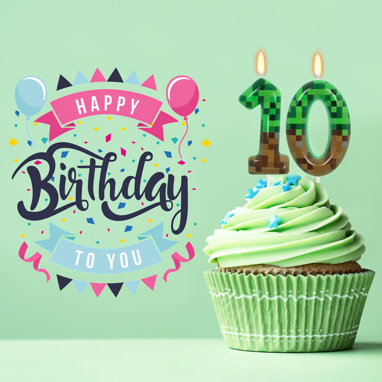 10th Pixel Miner Birthday Candles, Pixels Cake Topper for Boys Girls, TNT Themed Birthday Decorations Party Supplies (Number 10)