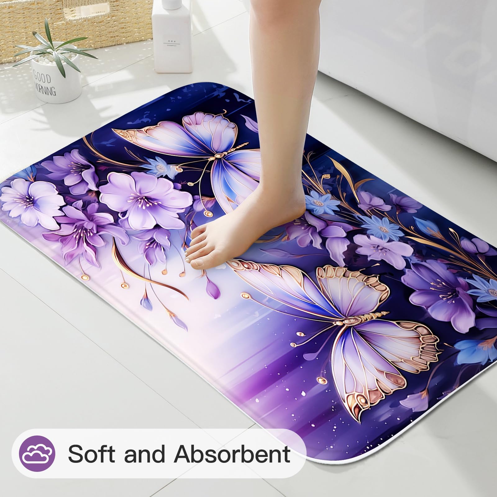 Litabel 4 Pcs Purple Floral Butterfly Shower Curtain Set With Non-Slip Rugs, Modern Toilet Lid Cover And Bath Mat, Elegant Bathr