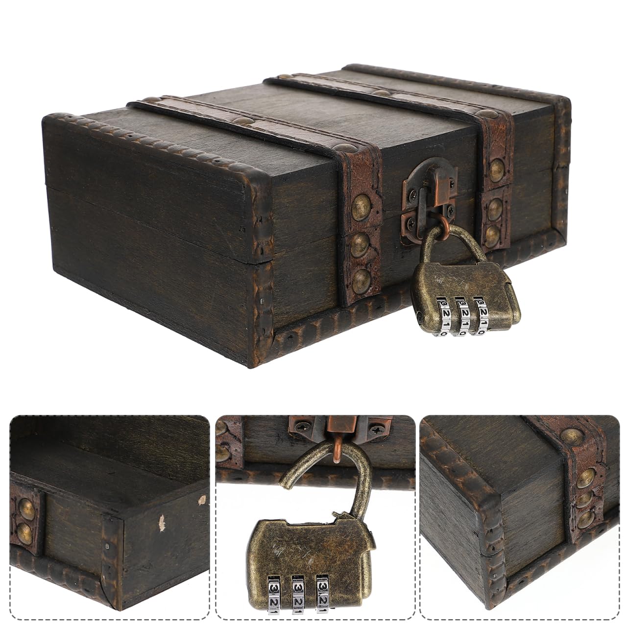 Veemoon Wooden Treasure Chest Box with Lock, Retro Pirate Jewelry Box Antique Cosmetic Storage Case Portable Chest with Hinged L