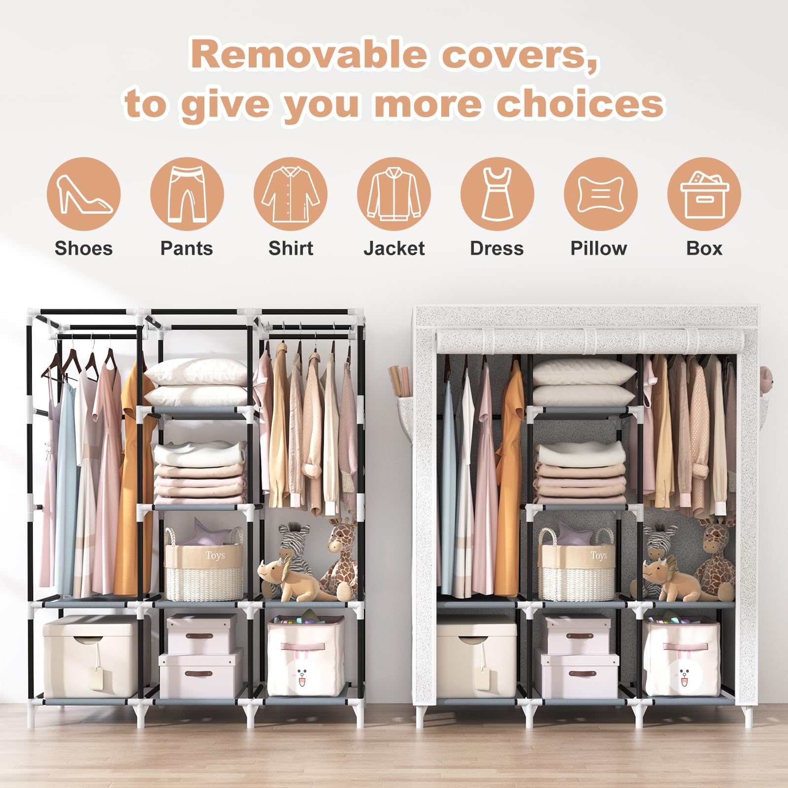 Vtrin Portable Closet Wardrobe For Hanging Clothes With 2 Hanging Rods And 8 Storage Organizer Shelves,Free Standing Clothes Rac