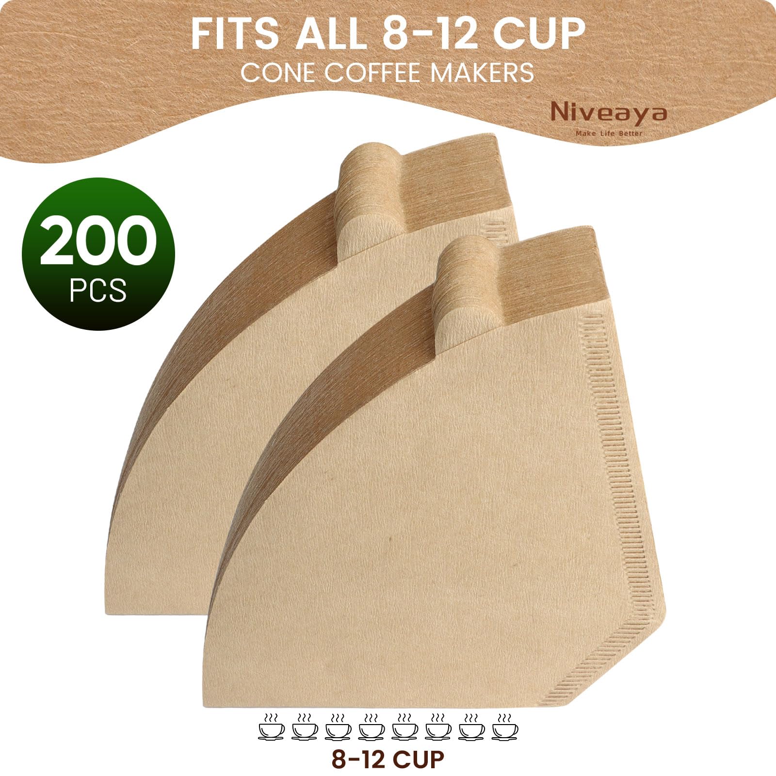 Niveaya #4 Cone Coffee Filters - 200 Count, Unbleached Natural Brown, Disposable For Pour Over And Drip Coffee Maker