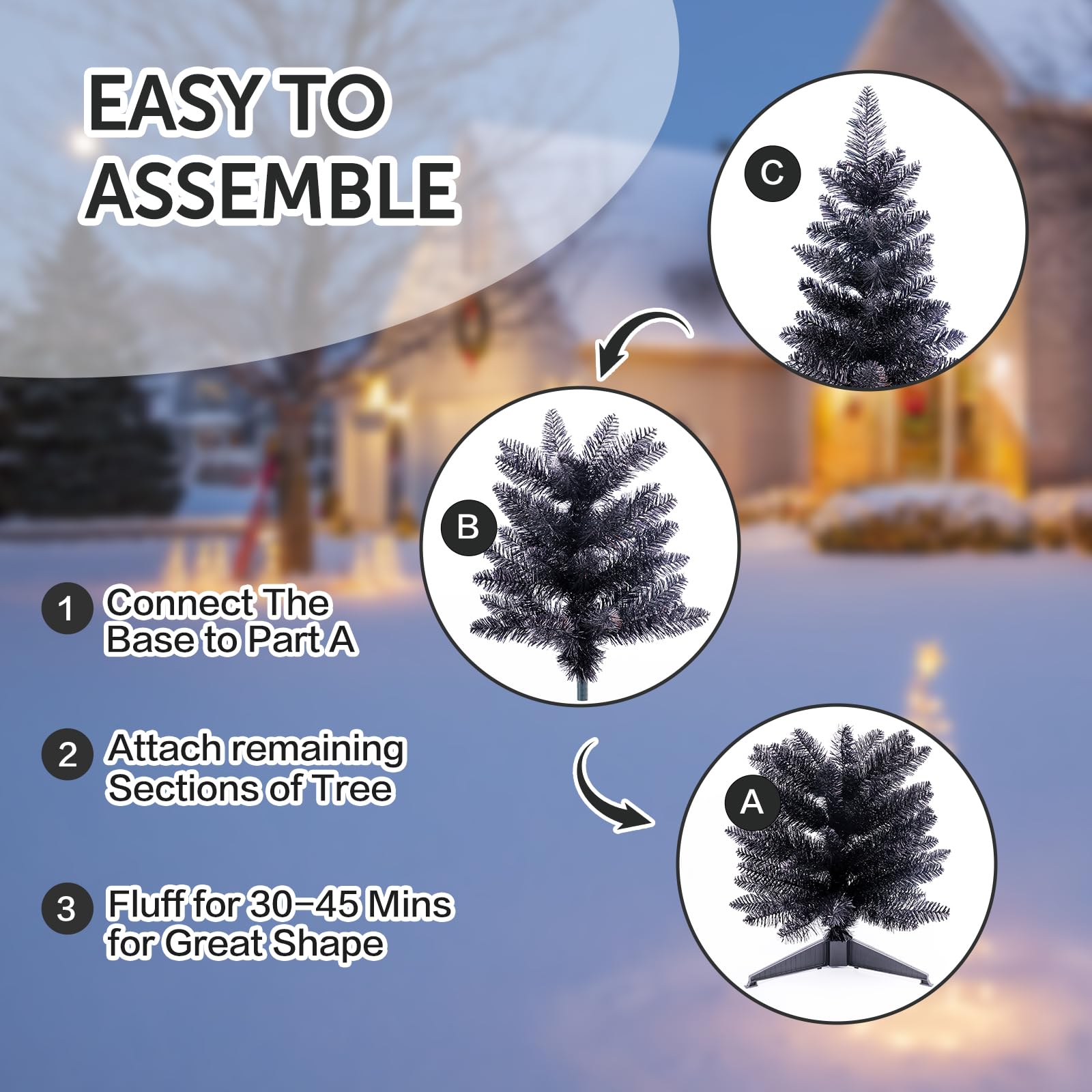 Santanelo 4ft Lighted Halloween Black Christmas Tree, Artificial Christmas Tree with Lights,Small Snowy Artificial Xmas Tree for