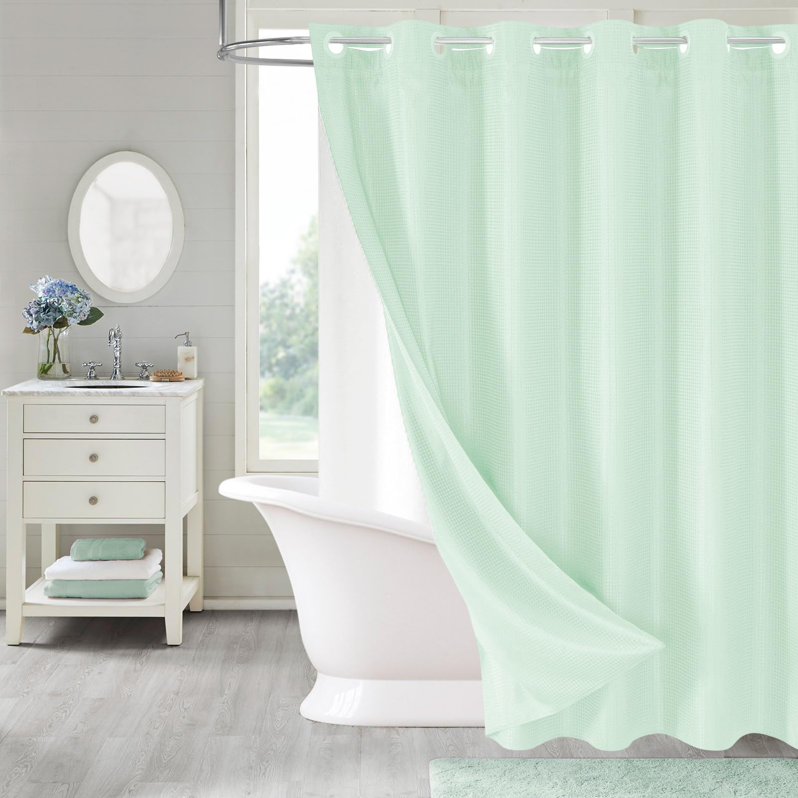 Mitovilla No Hooks Needed Green Waffle Shower Curtain With Snap-In Liner, Modern Waffle Weave Heavy Duty Fabric Cloth Shower Cur