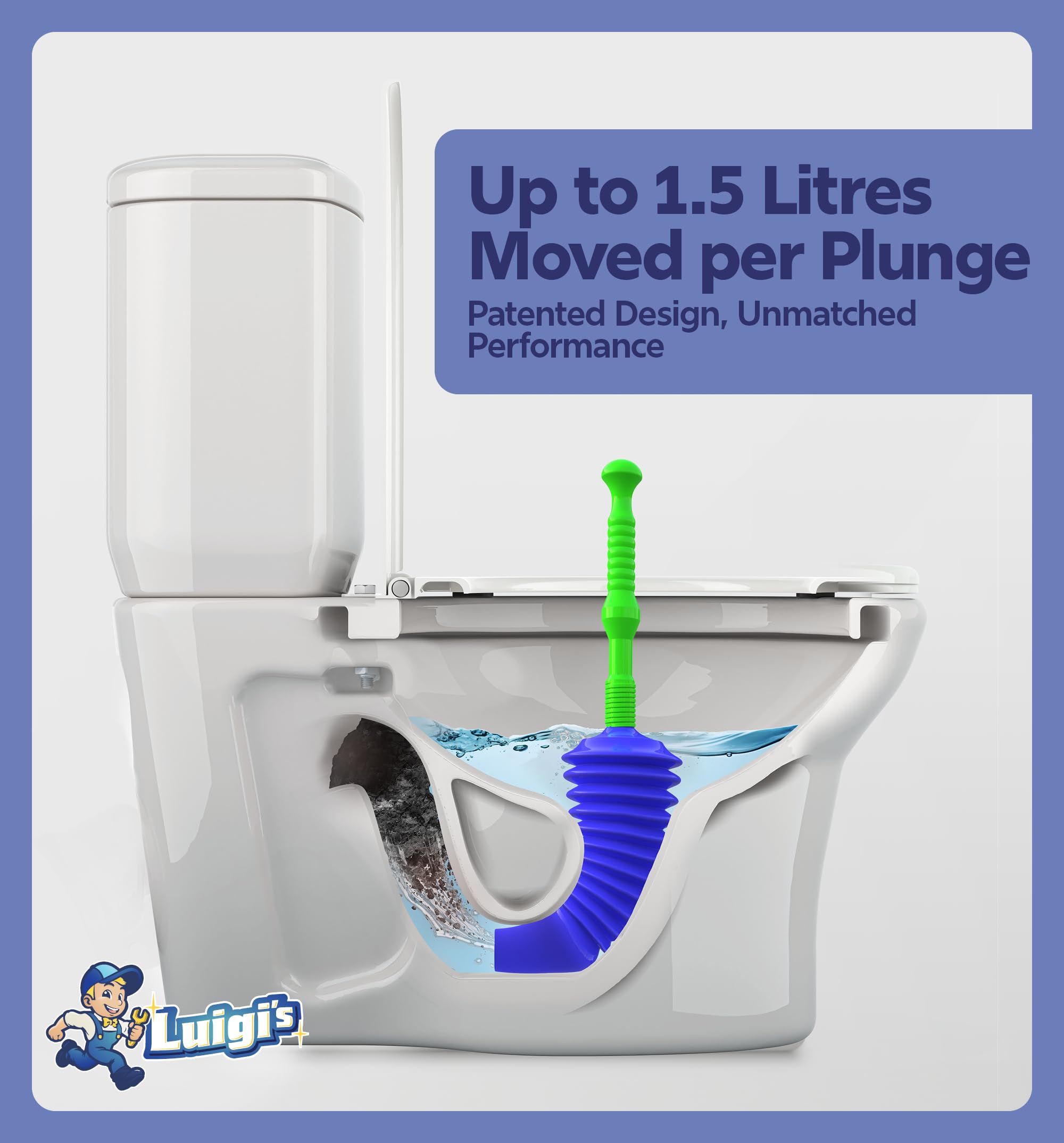 Luigis - The Worlds Best Toilet Plunger  The Big  Blue & green Unblocking Machine  Heavy Duty Unblocker with Unique Bellows Design  clears & Unblocks All Toilets