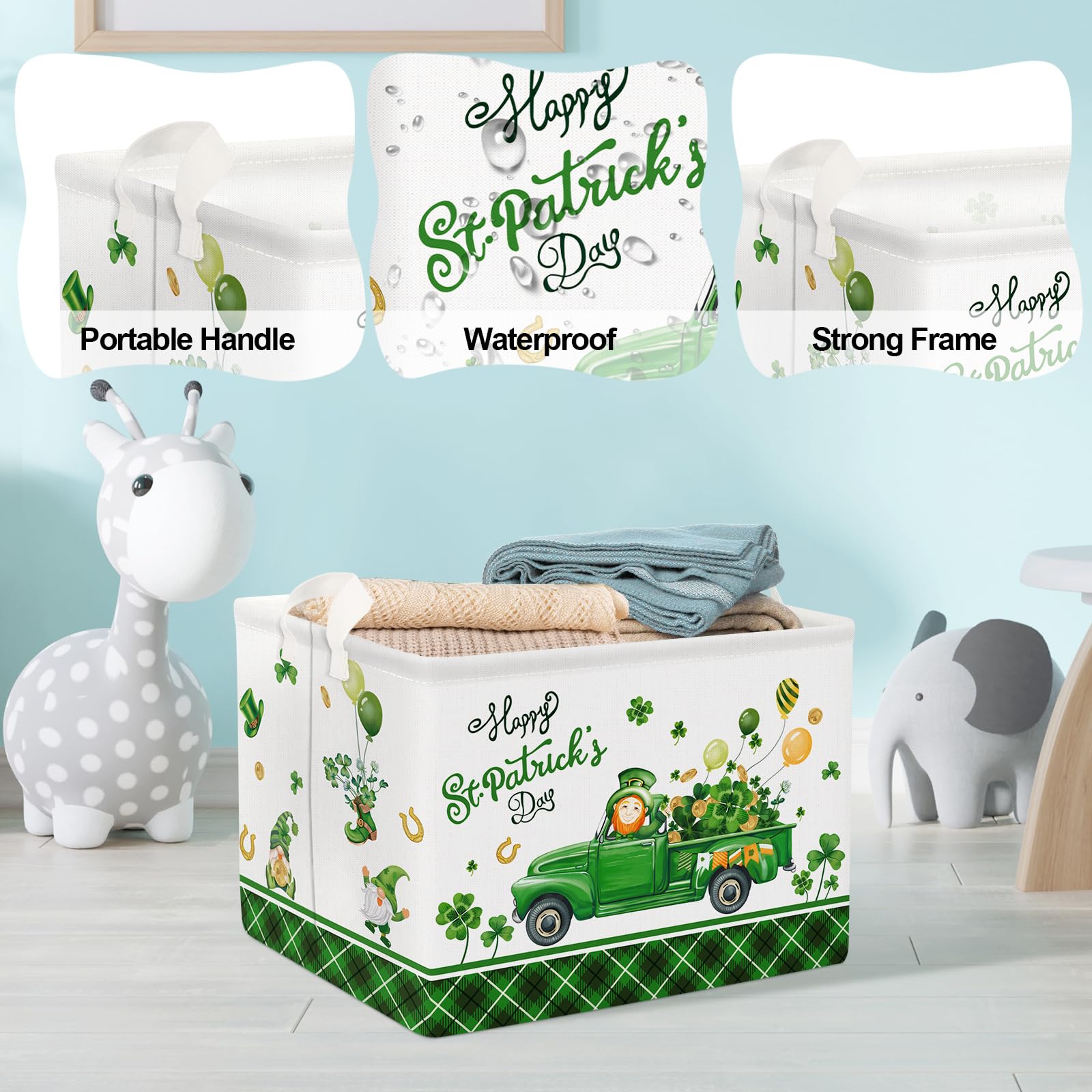 Clastyle St. Patrick'S Day Four-Leaf Clover Gift Basket Green Balloon Gnome Truck Kid Shelf Basket Rectangle Buffalo Plaid Cloth