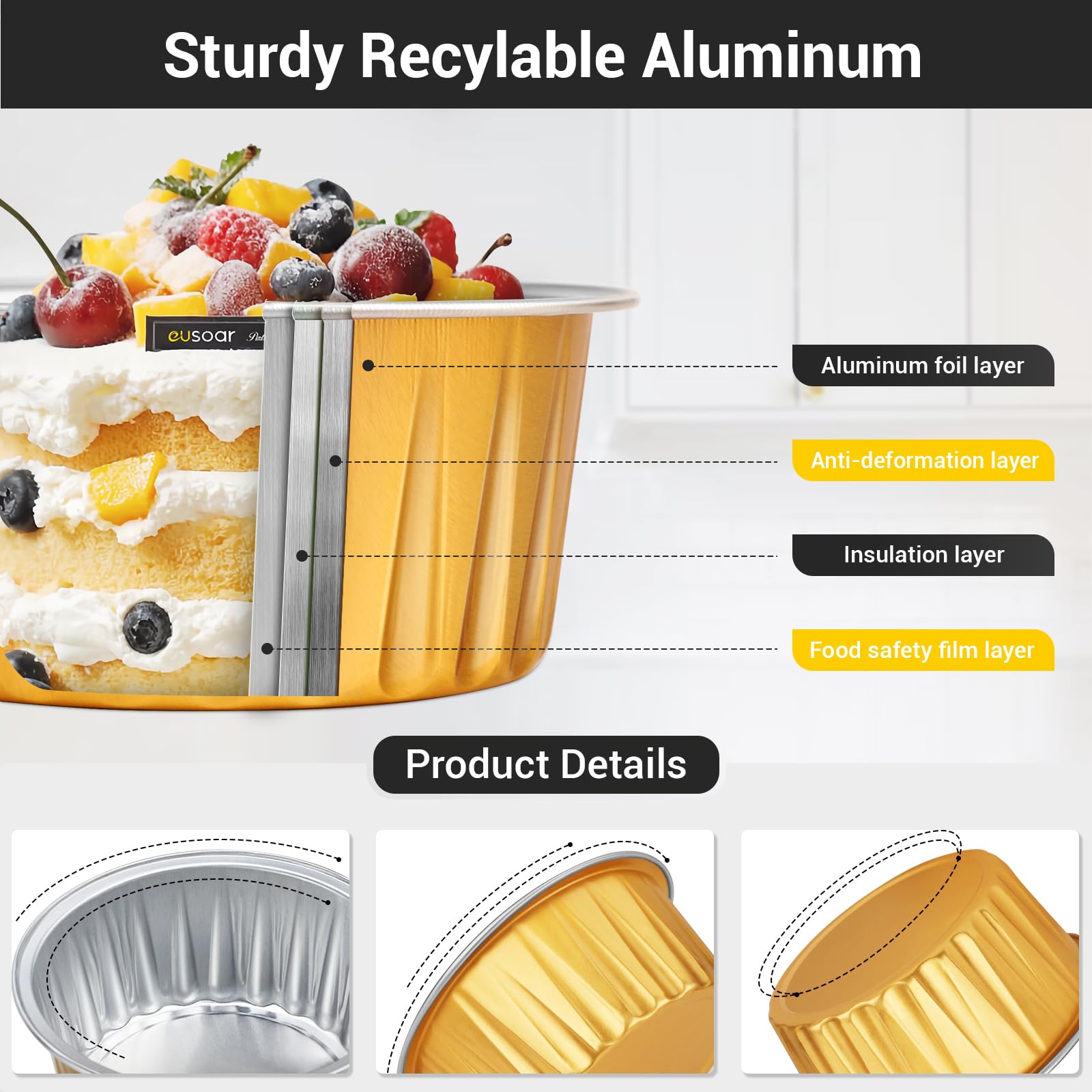 Eusoar Disposable Ramekins, Gold 50Pcs 5Oz Mini Aluminium Foil Baking Cups With Lids Creme Brulee Cupcake Liners, Desert Cheesec
