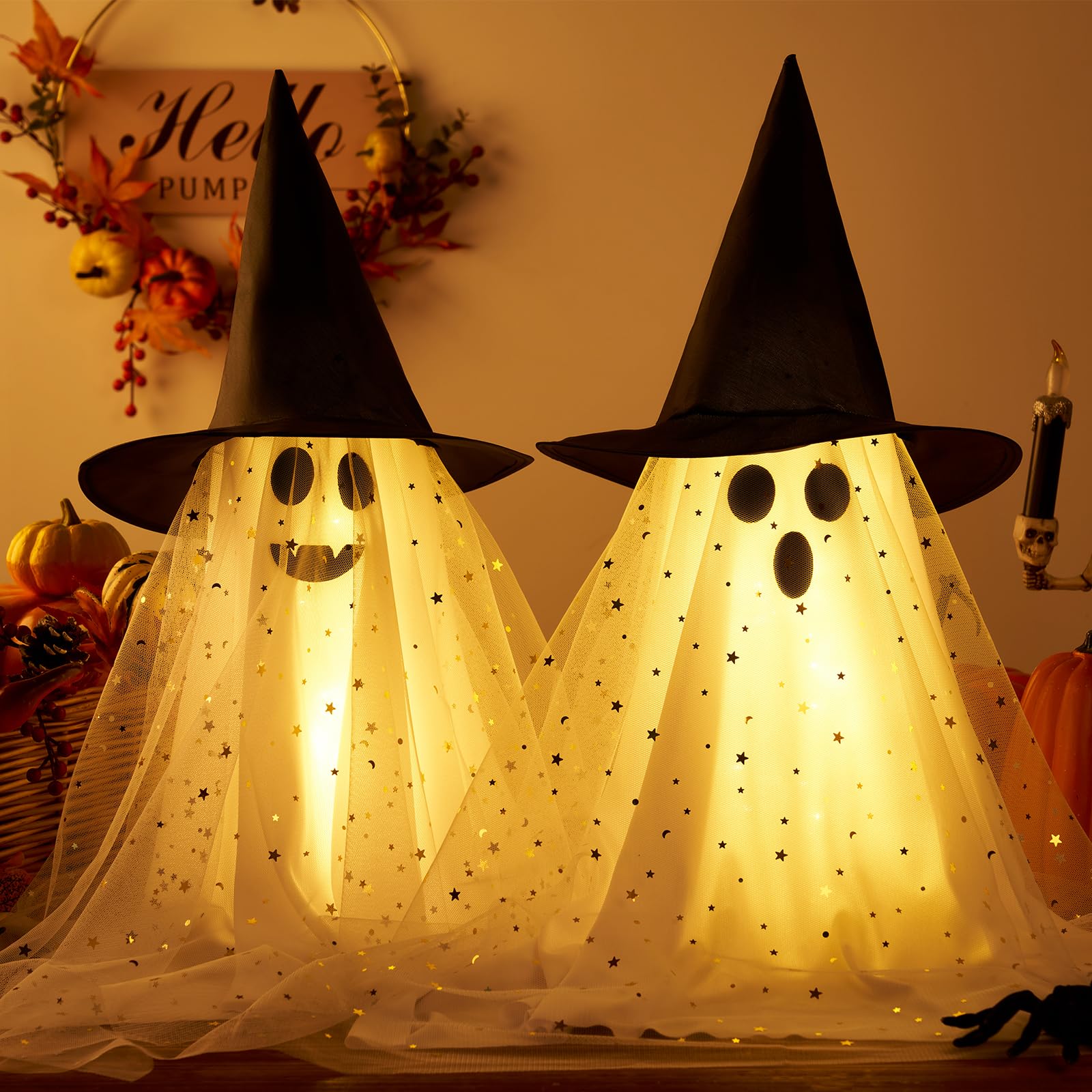 2Pcs Halloween Ghosts Decorations Indoor - Light Up Ghost Crafts with Sequined Netting, Cute Halloween Party Decorations, Spooky