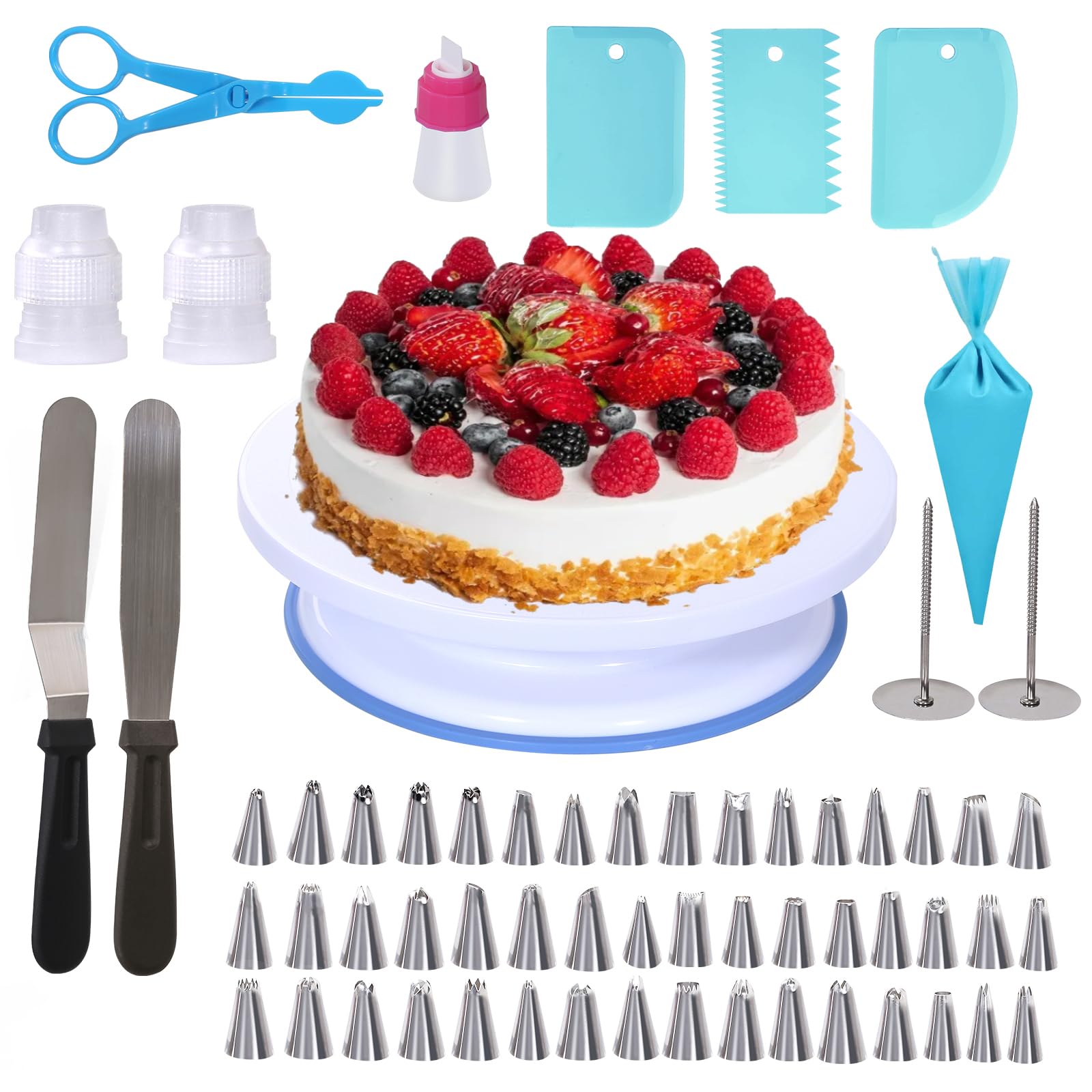 Uten 60Pcs Cake Decorating Supplies Kit, Cake Decorating Stand Set With 11'' Cake Turntable, 48 Numbered Icing Piping Tips, 2 Sp