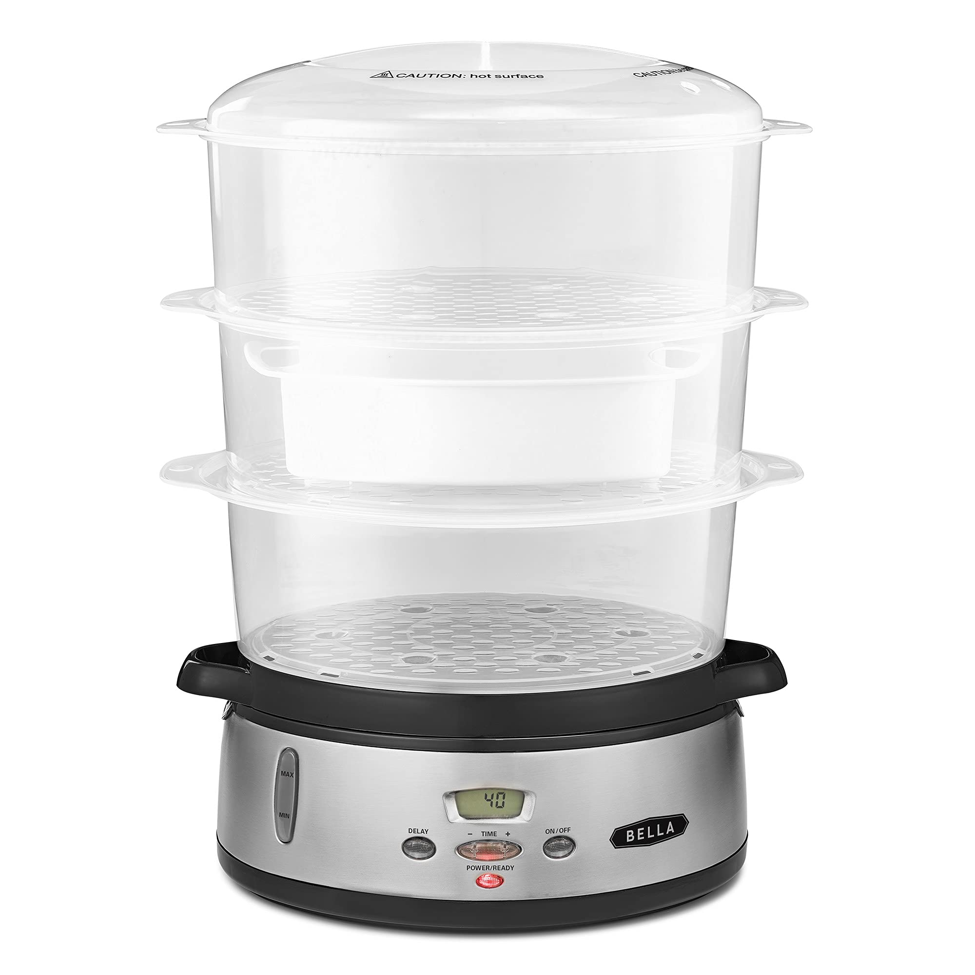 BELLA 9.5 QT Triple Tier Digital Food Steamer, Healthy Fast Simultaneous Cooking, Stackable Baskets for Vegetables or Meats, Ric