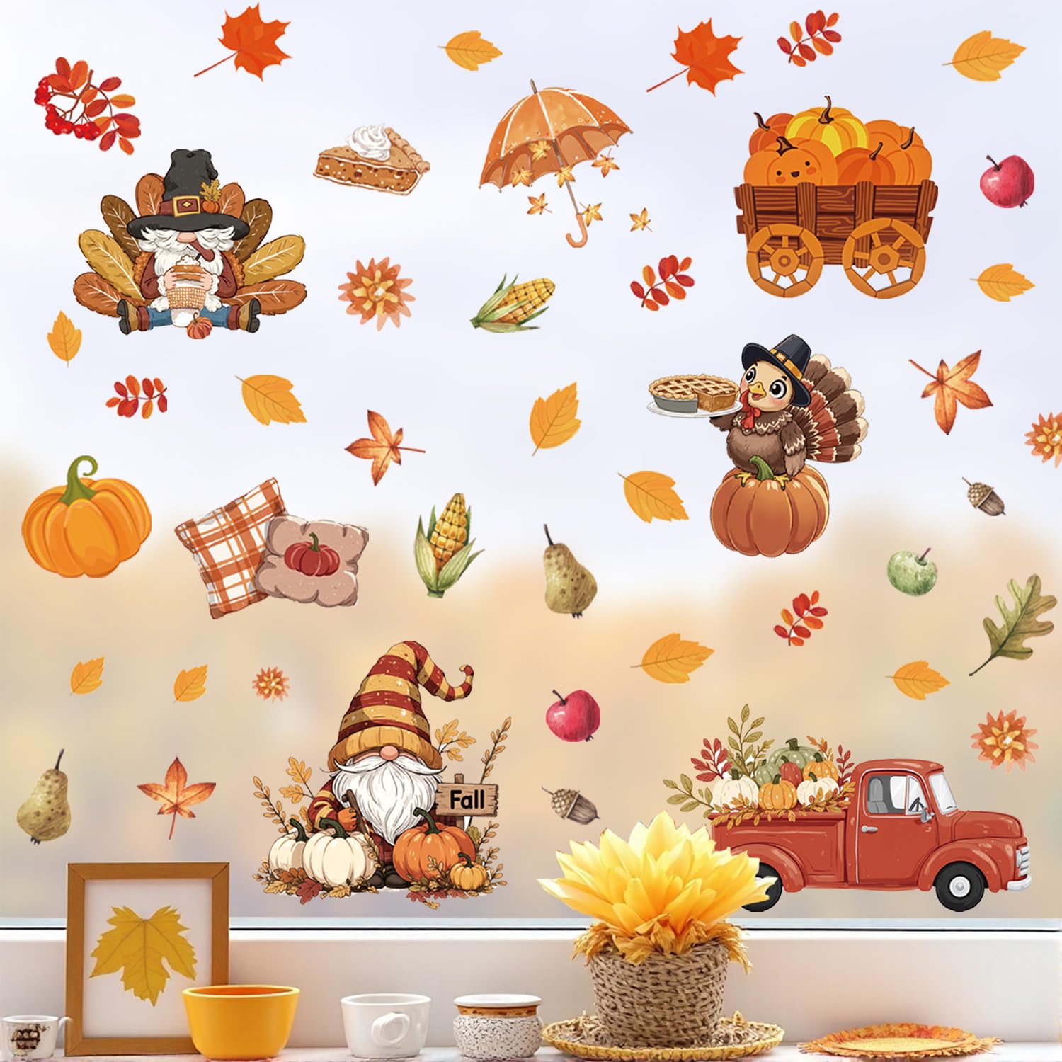 Aryroi Fall Gnome Window Clings,Fall Window Clings for Glass,Thanksgiving Turkey Sticker,Autumn Leaves Truck Pumpkin Pie Wall St
