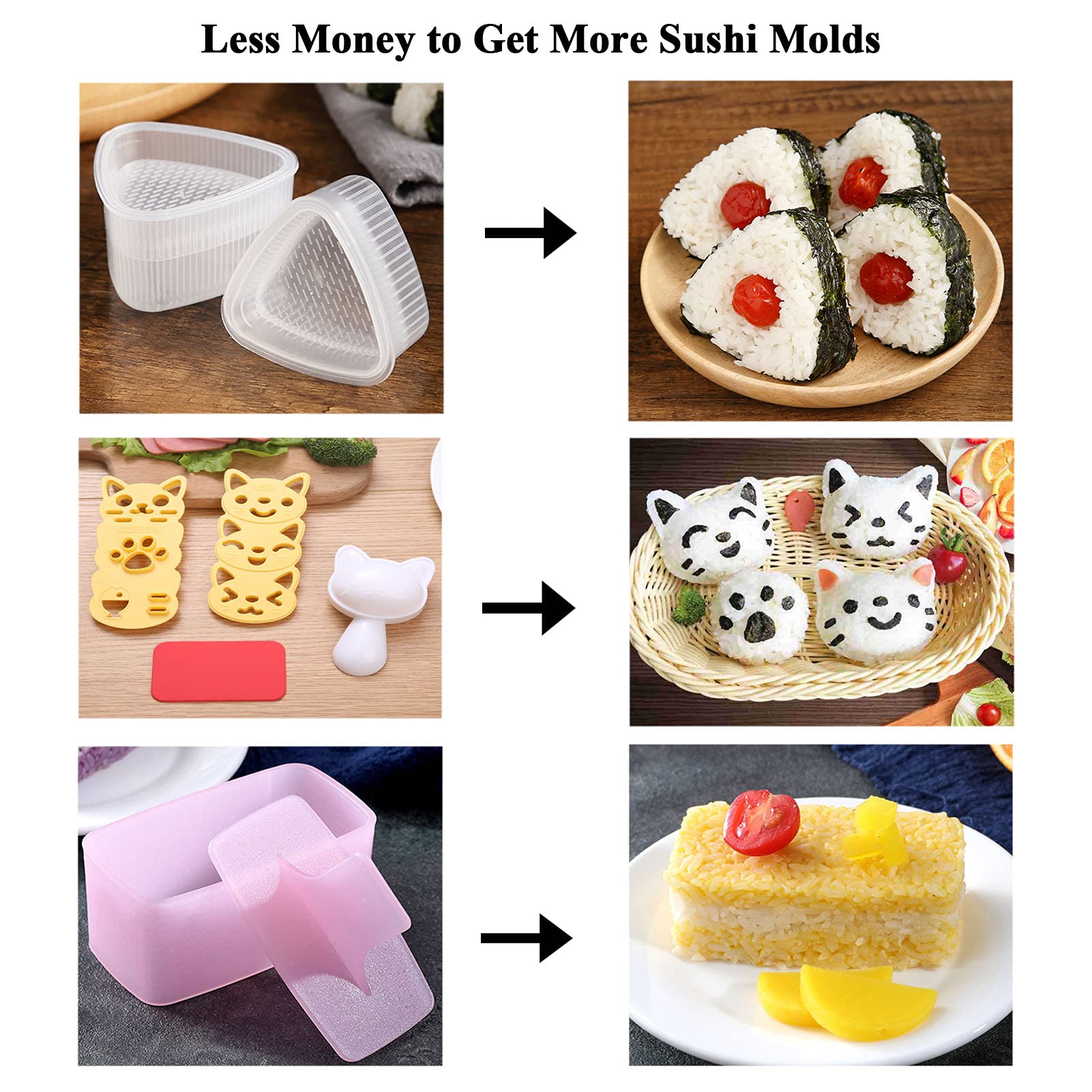 Hagbou Rice Ball Mold, 3 Pack Onigiri Mold, Cute Cat Kitten Sushi Mold For Kids, Musubi Maker Press, Classic Triangle Rice Ball
