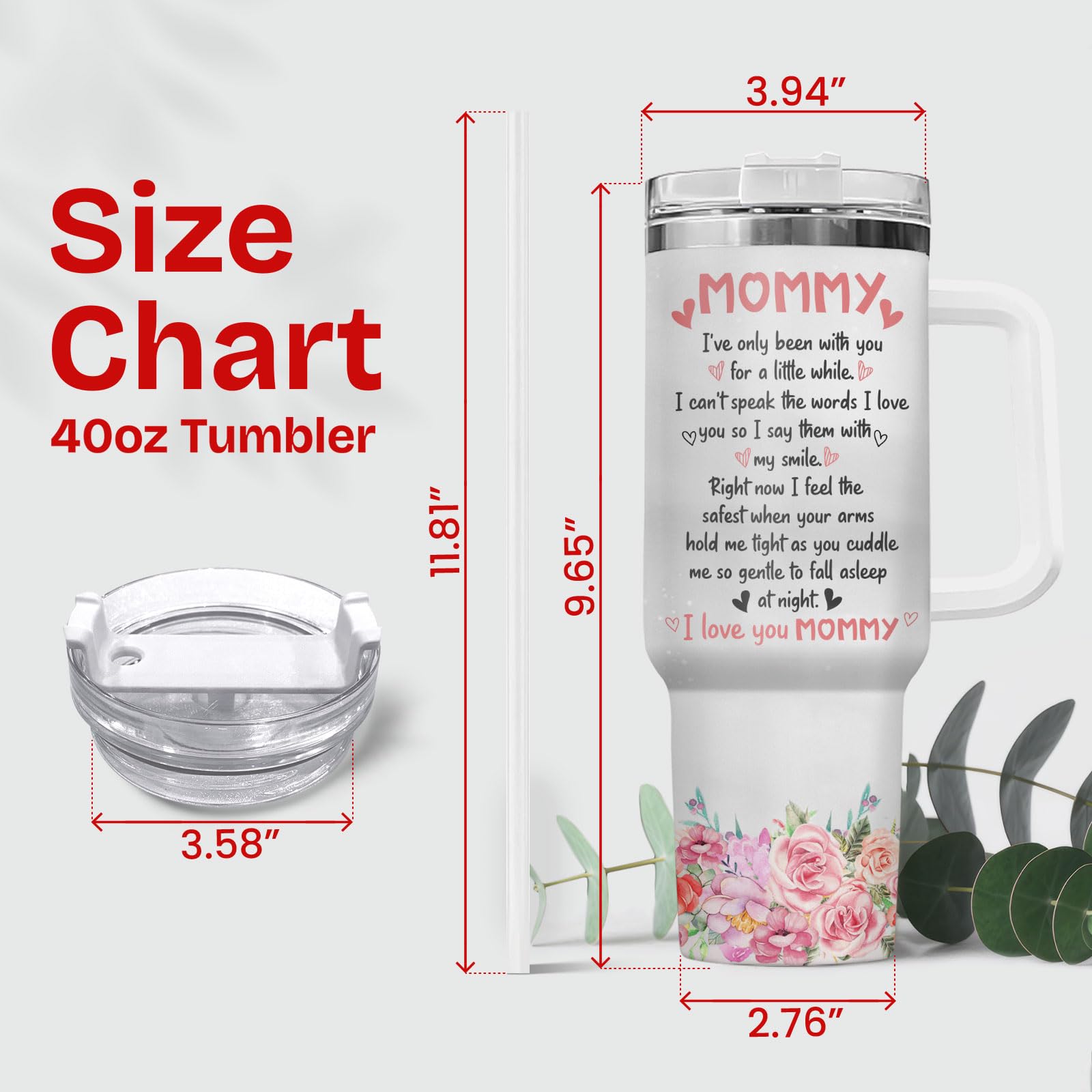 34HD First Mothers Day Gifts, Elephant Mom Tumbler 40oz Stainless Steel with Handle and Straw, Mama Coffee Travel Mug, Cute Baby