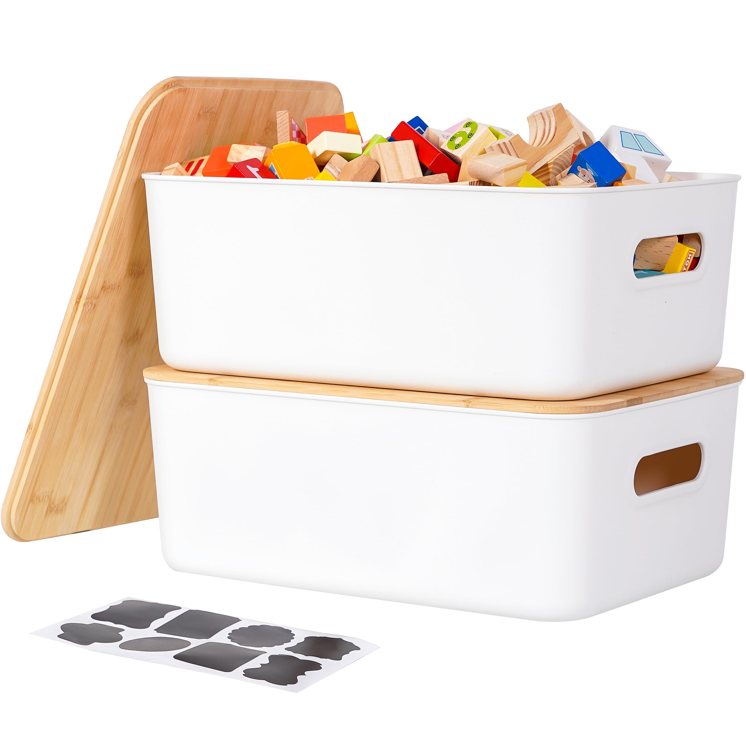 Citylife 2 Pcs Storage Bins With Bamboo Lids Plastic Storage Containers For Organizing Stackable Storage Box With Handle, 15.16
