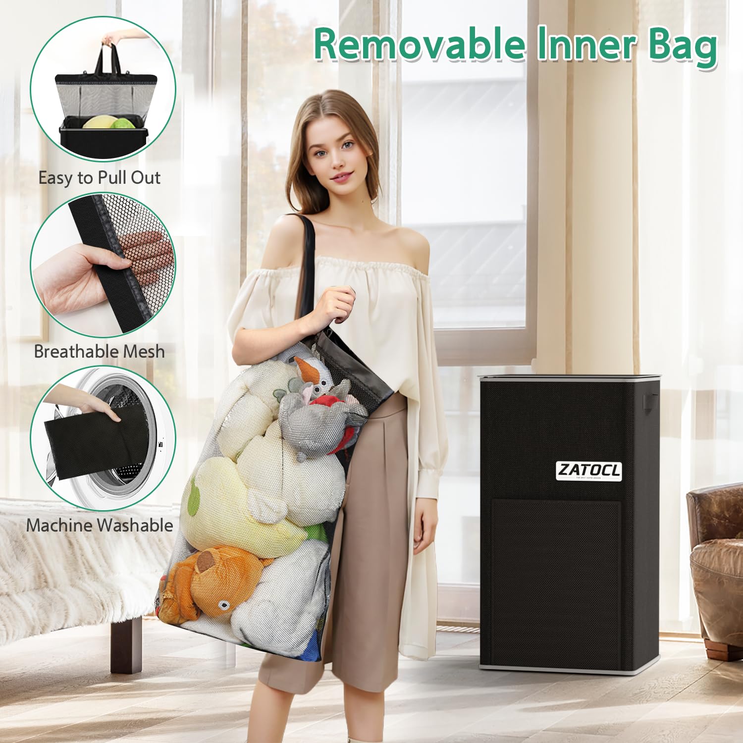 Laundry Hamper With Lid 110L, Laundry Basket Clothes Hamper With Washing Bag & Front Mesh Bag, Large & Tall Hampers For Bedroom