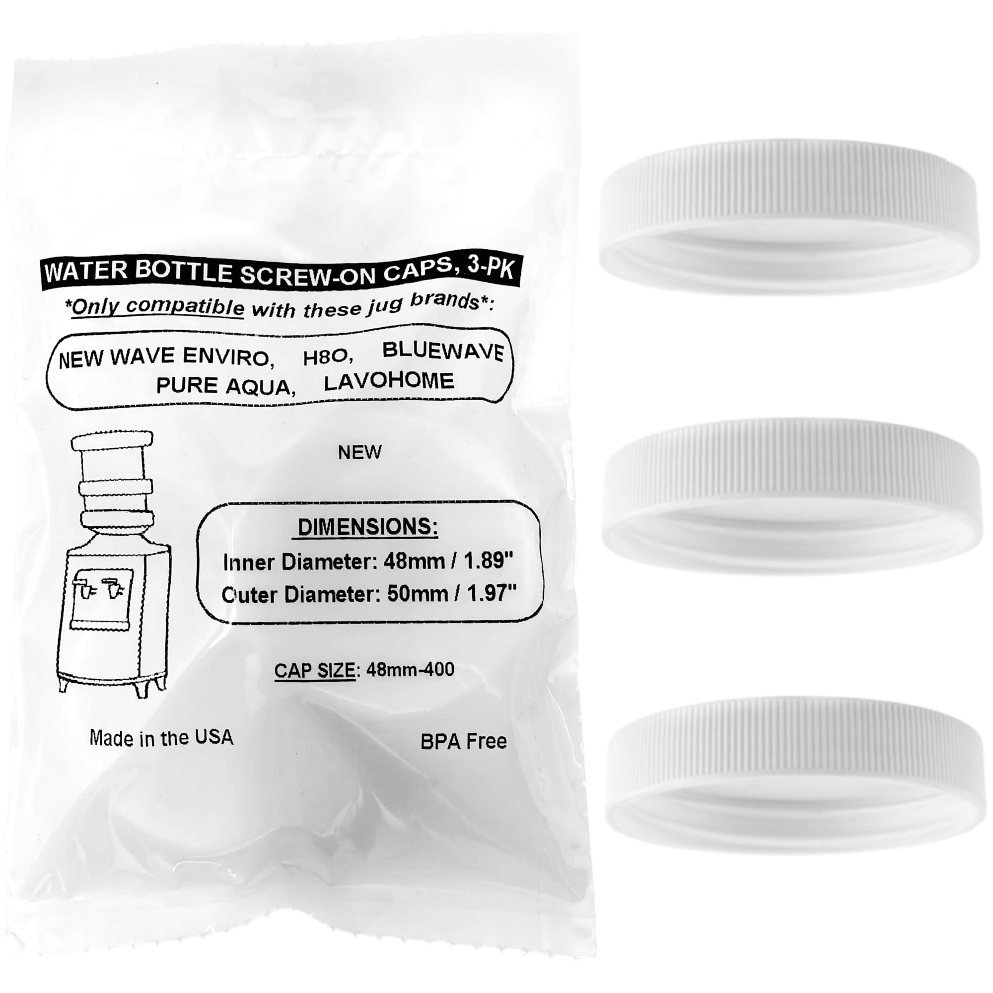 Threaded/Screw-On Caps For 3 And 5 Gallon Water Bottle Jugs (3 Pk) (48Mm, White)