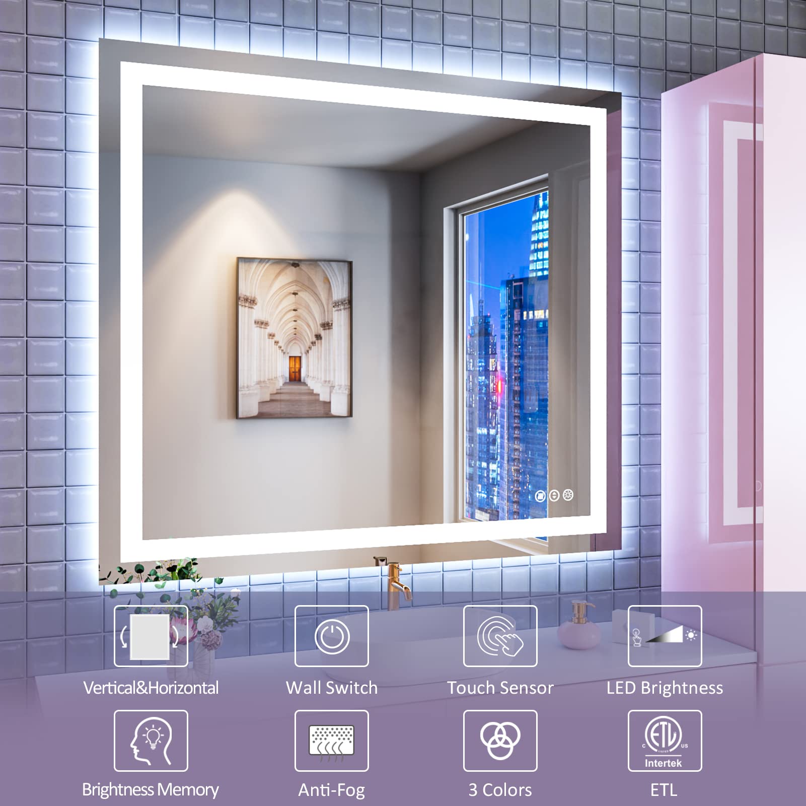 Amorho LED Bathroom Mirror 40''x 36'' with Front and Backlit  Stepless Dimmable Wall Mirrors with Anti-Fog  Shatter-Proof  Memory  3 Colors  Double LED Vanity Mirror (Horizontal/Vertical)