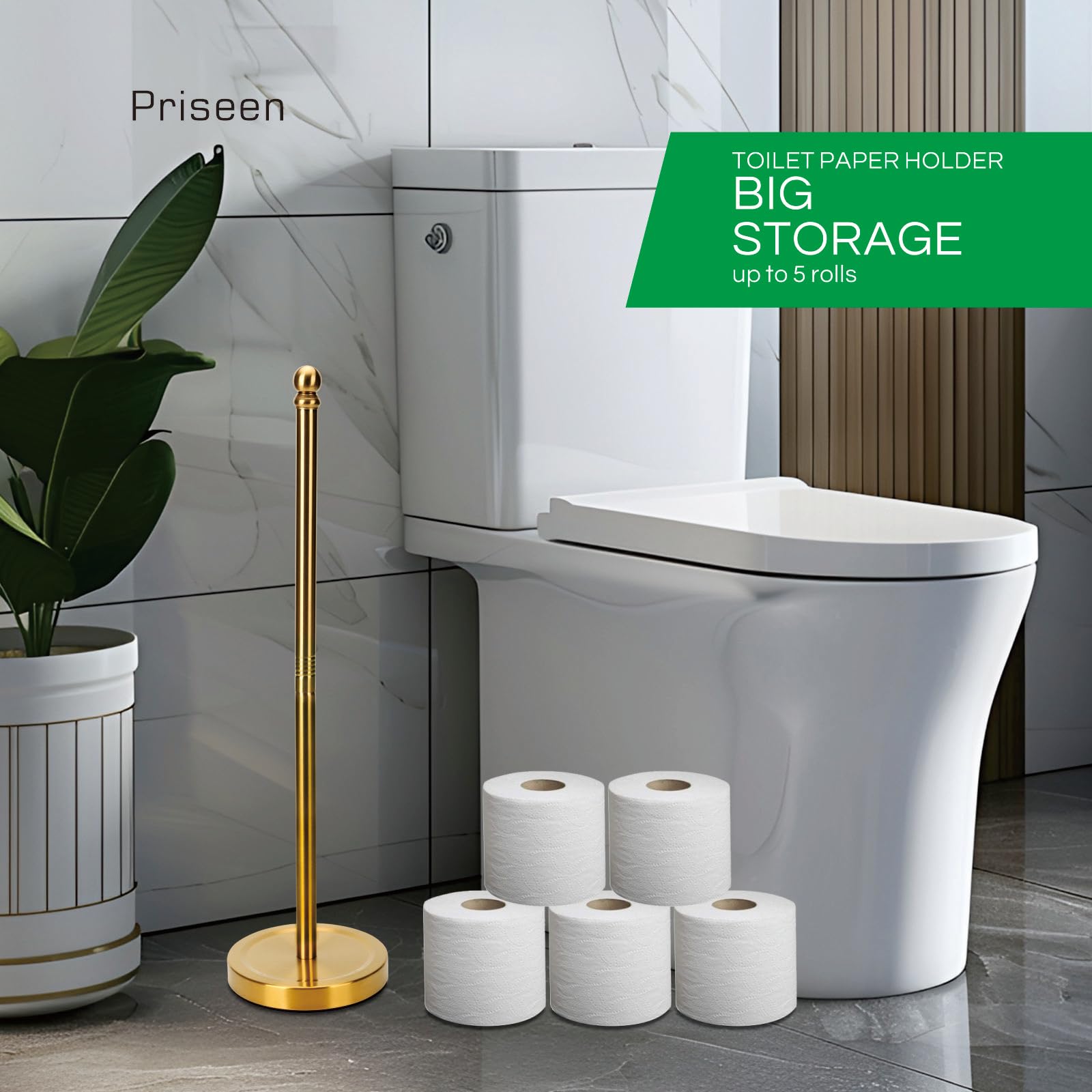 Priseen Toilet Paper Holder Stand Storage 5 Paper Rolls, Gold Freestanding Tp Roll Holder, Stainless Steel (Gold)