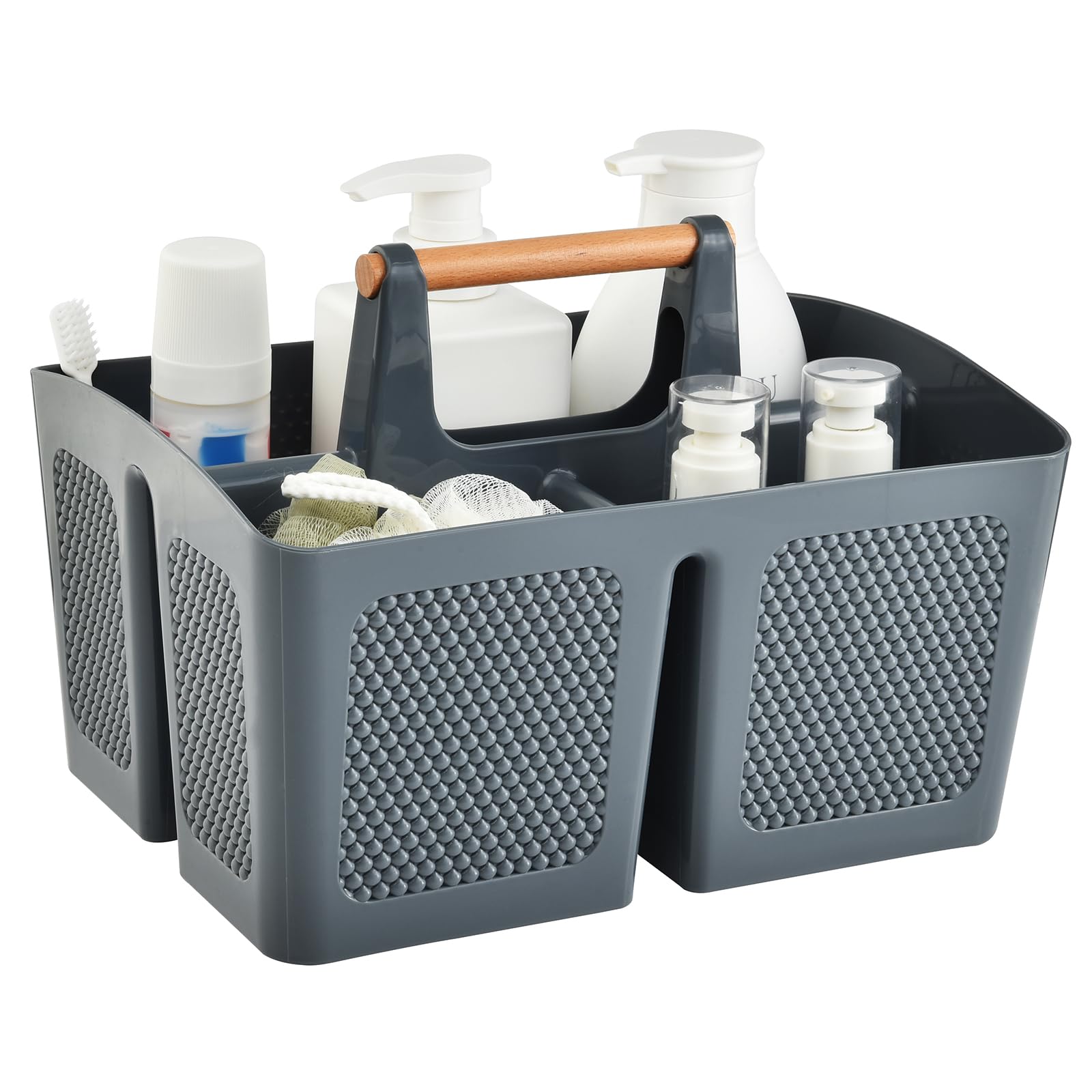 Haundry Plastic Gray Shower Caddy Basket with 3 Compartments, Portable Divided Bathroom Cleaning Caddy Organizer Storage Tote wi