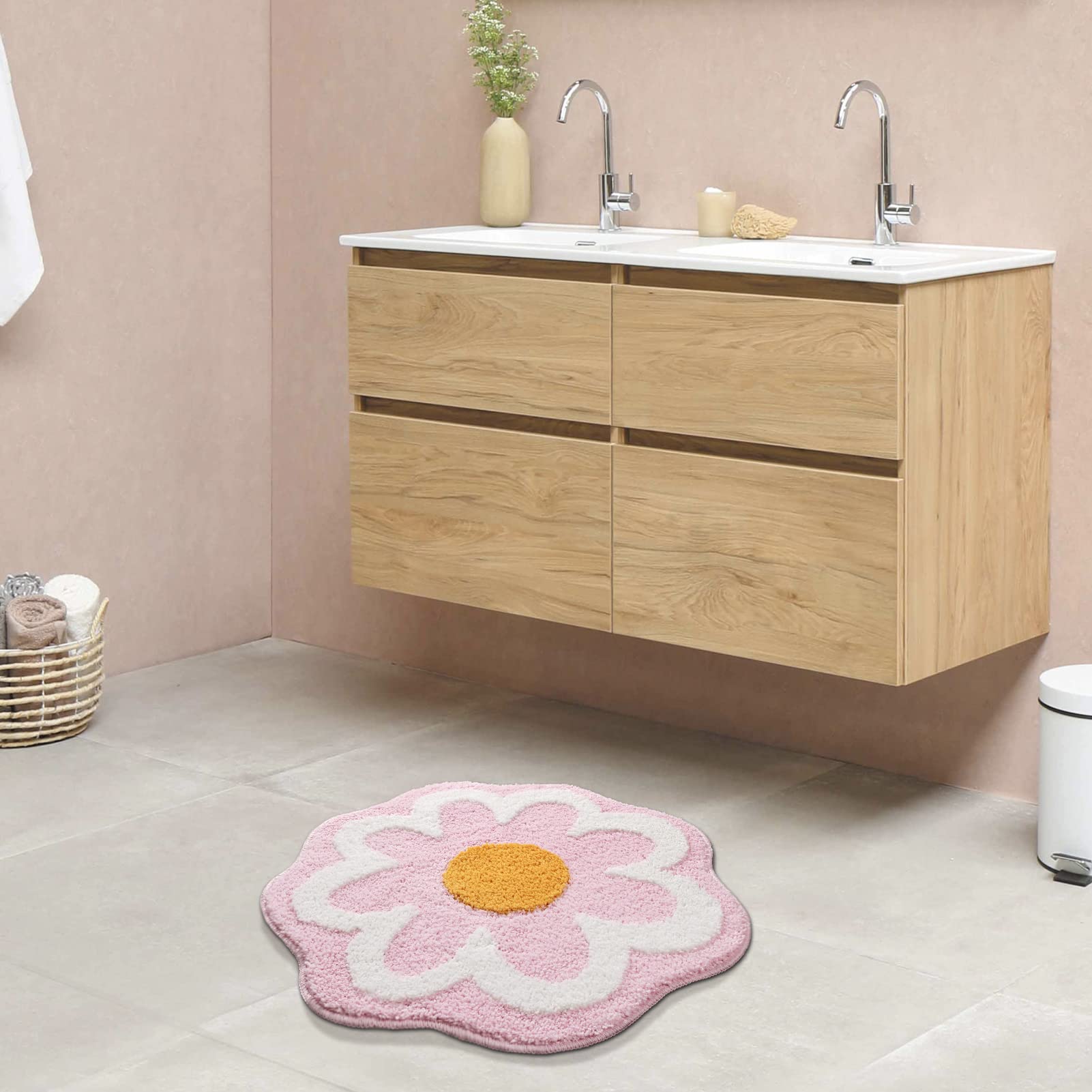 Truedays Cute Pink Flower Bath Mat, Machine Washable Bath Rug, Ultra Soft And Fluffy Bathroom Mat, Small Round Non-Slip Water Ab