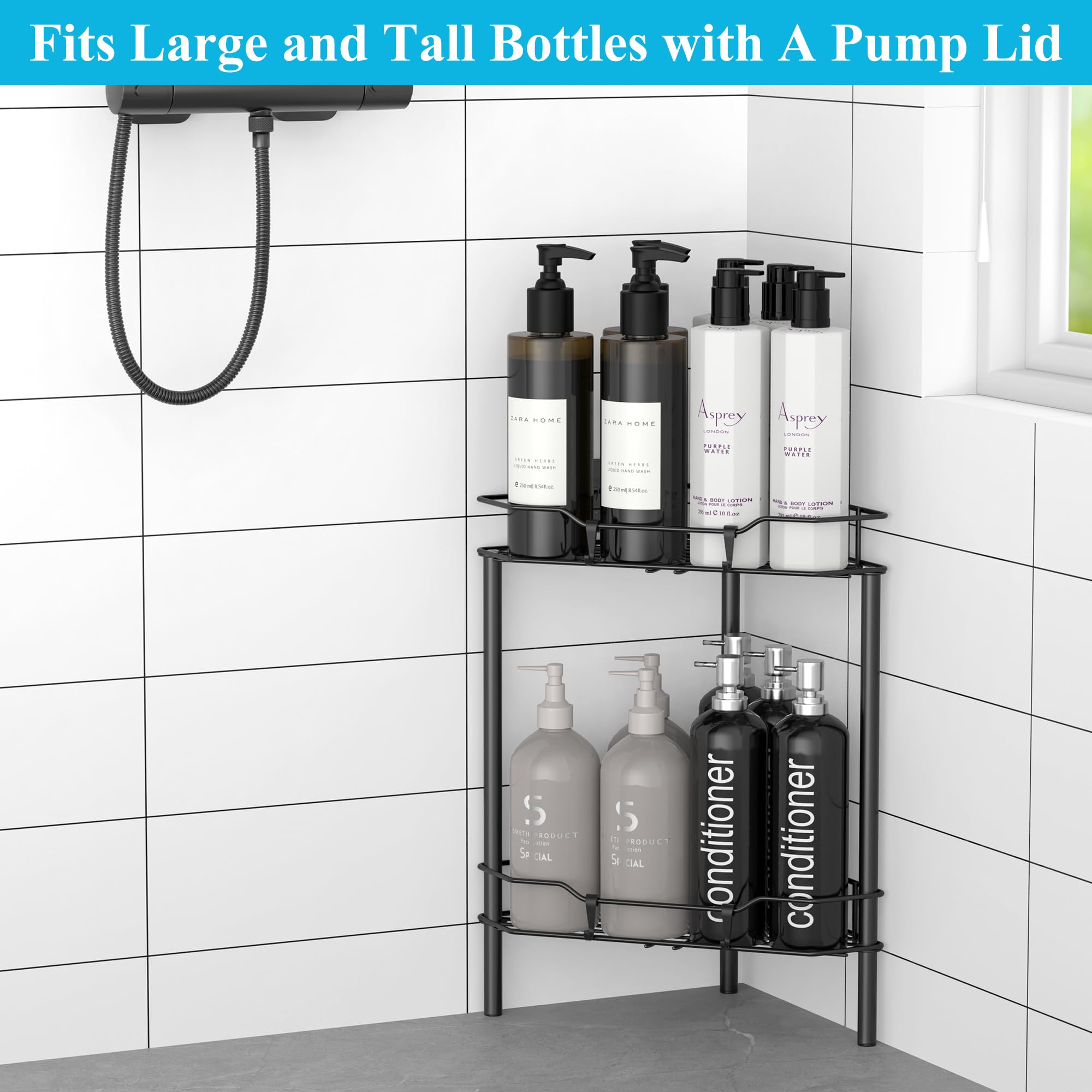 Huggiegems 2 Tier Floor Standing Corner Shower Caddy Organizer Shelf With Hooks, Bathroom Shelves Stand Rack, Black