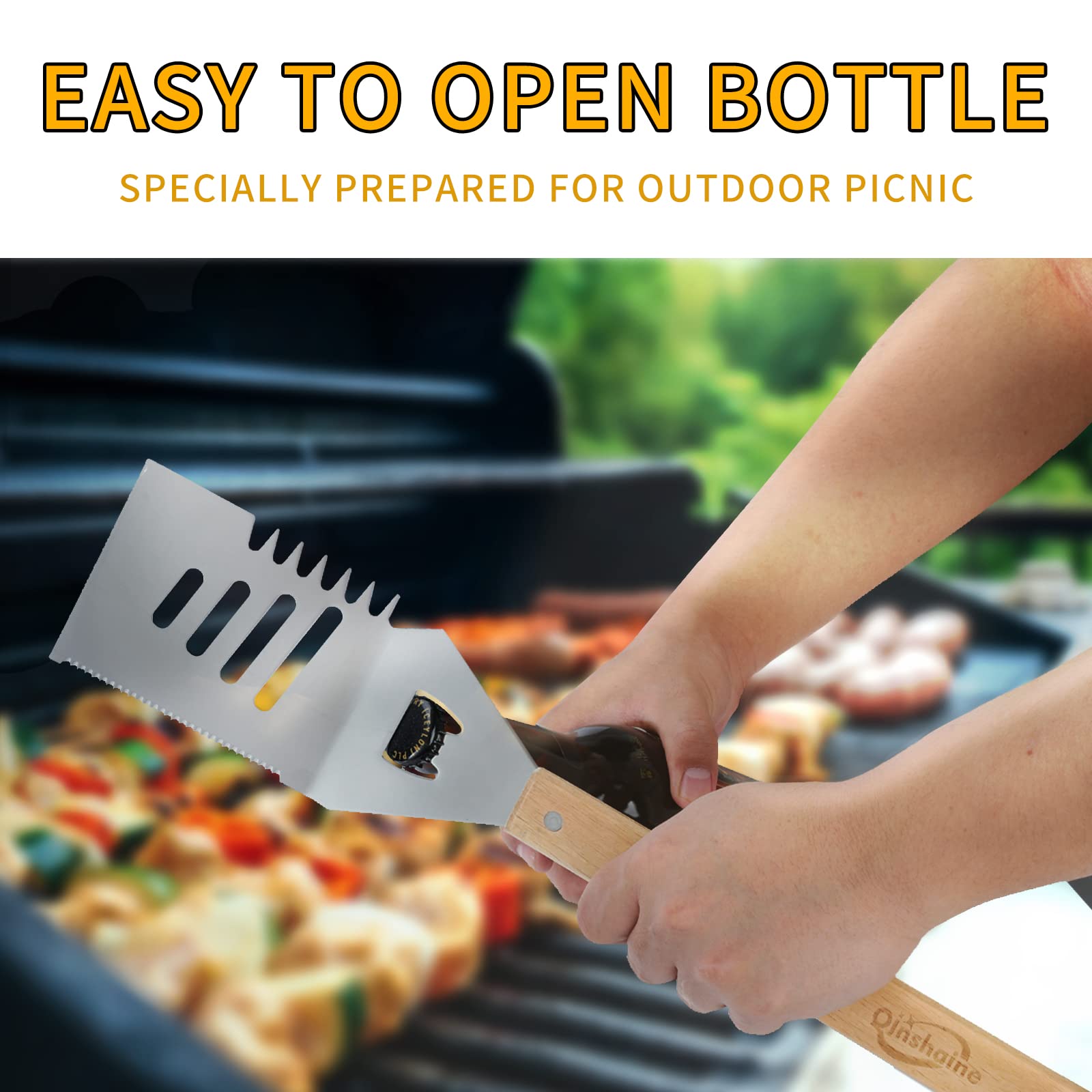 Qinshaine 4-in-1 BBQ Spatula  Multifunction Grill Spatula with Wooden Handle  perfect for BBQ grills and kebabs for camping picnics.