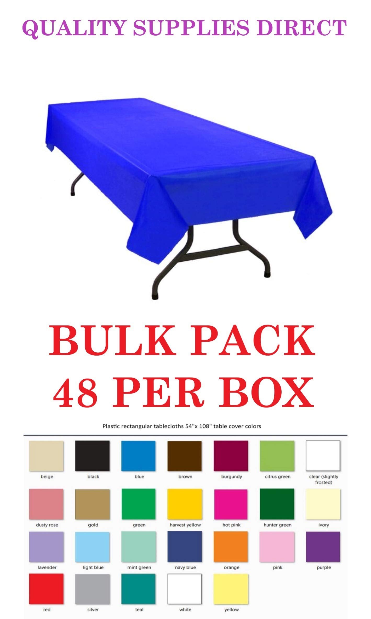 Qsd Blue Disposable Plastic Tablecloth 48-Pack 54 Inch X 108 Inch Rectangle Table Cover By Quality Supplies Direct (30+ Colors A