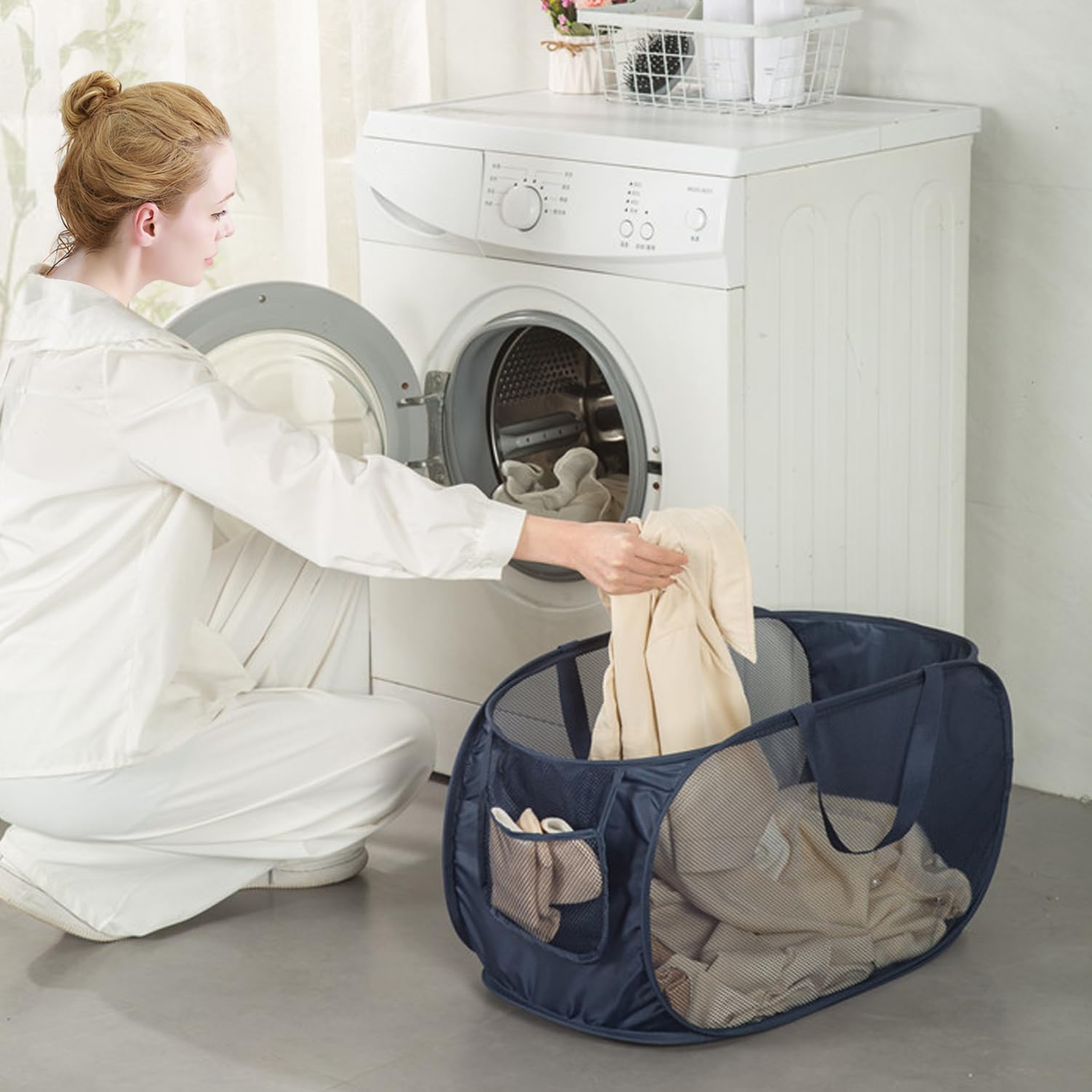 Sturdy Mesh Laundry Hamper Basket Bag,Pop Up Basket With Side Pocket For Laundry Room, Bathroom, Kids Room, College Dorm Or Trav