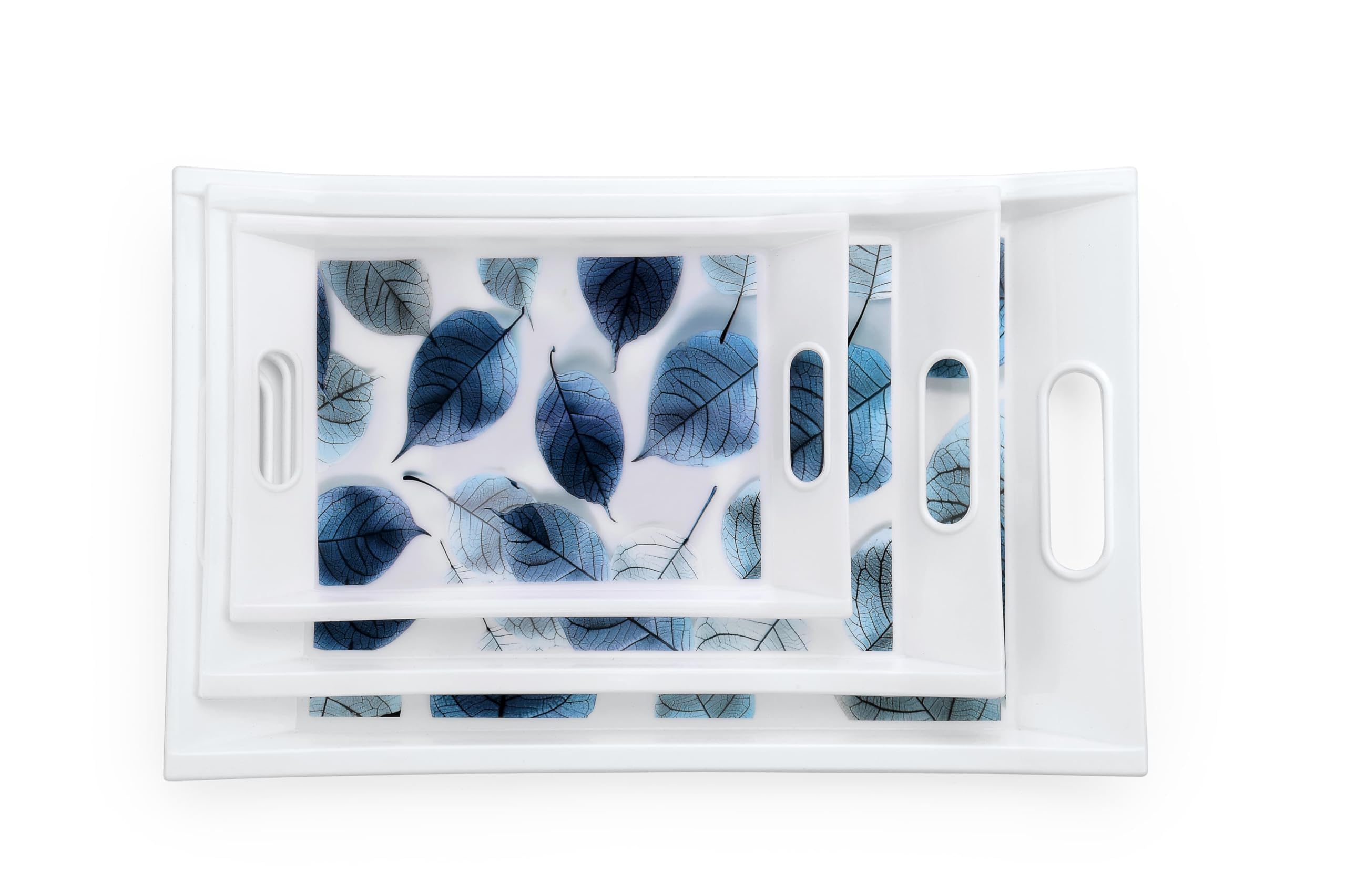 Sorath Set Of 3 Printed Plastic Serving Trays With Handles - Blue Leaf Design - Multipurpose Trays For Kitchen, Tea, Snacks, Din