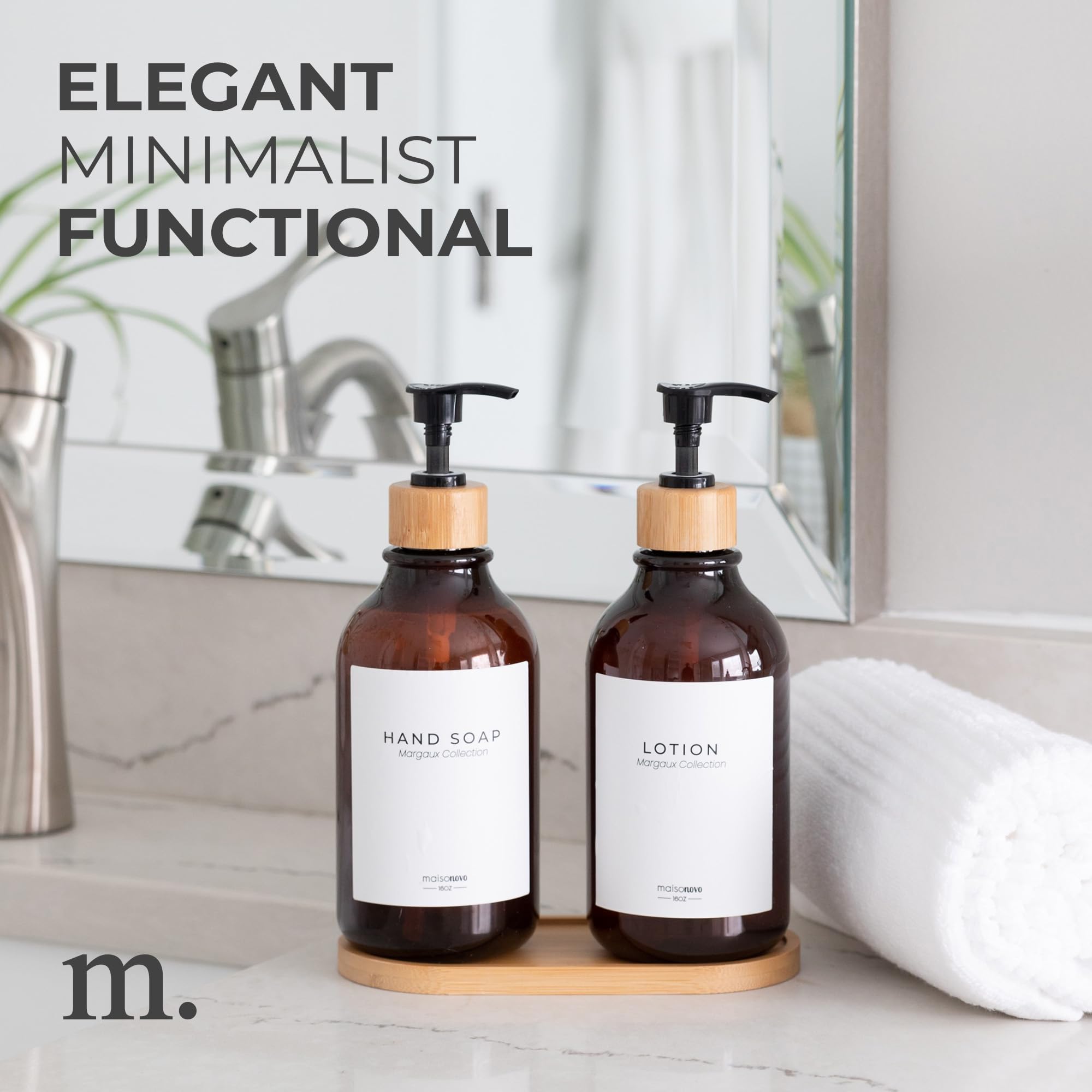 Maisonovo Kitchen Soap Dispenser Set With Tray | Bamboo Plastic Amber Set X 2