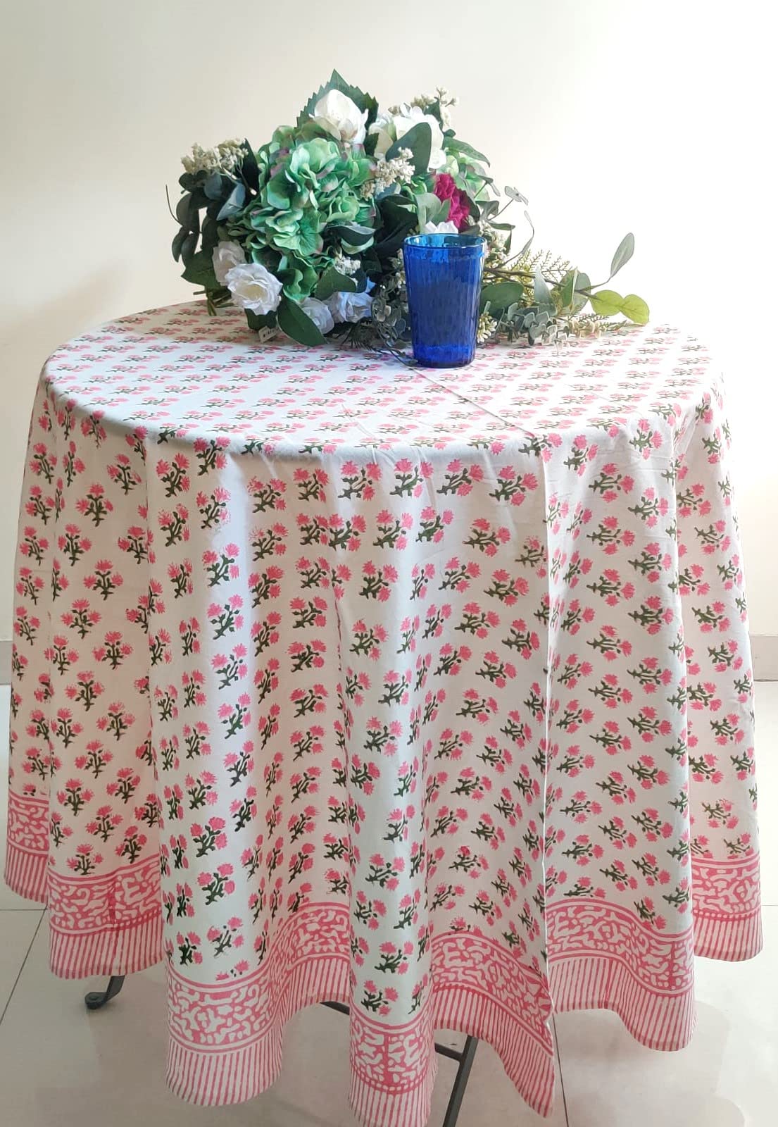 Atosii Gulbahar White Pink 100% Cotton Spring Summer Round Tablecloth, Block Print Table Cloth For Dining, Weddings, Outdoors, P