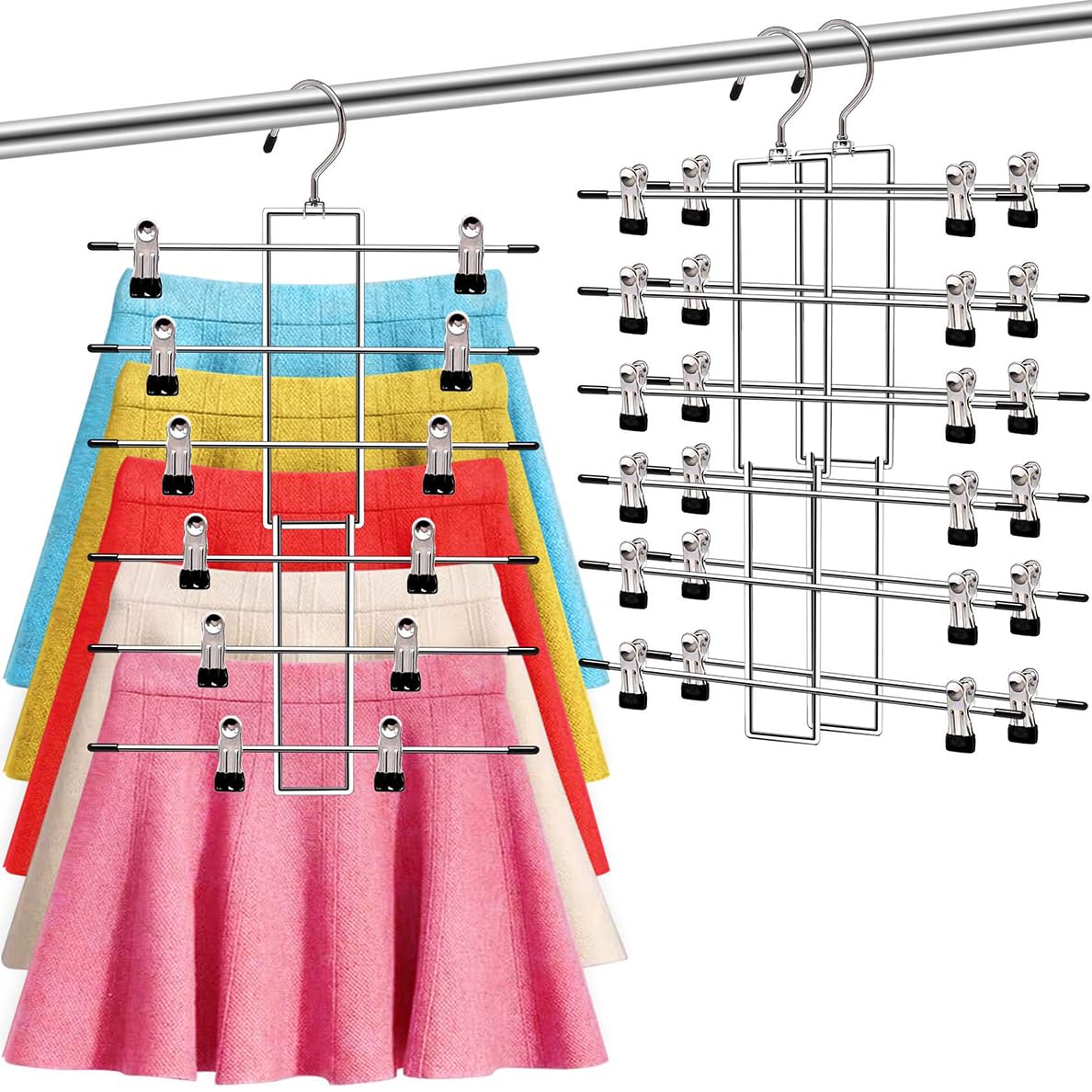3 Pack Pants-Hangers-Space-Saving,6 Tier-Closet-Organizers-And-Storage Skirt Hangers With Clips,Clothes- Jeans Scarf Hangers,Col
