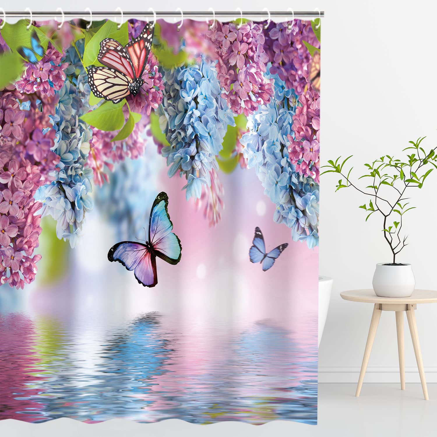 Livilan Butterfly Shower Curtains With Hooks, Floral Shower Curtain, Blue Butterfly Shower Curtain, Watercolor Flowers And Green