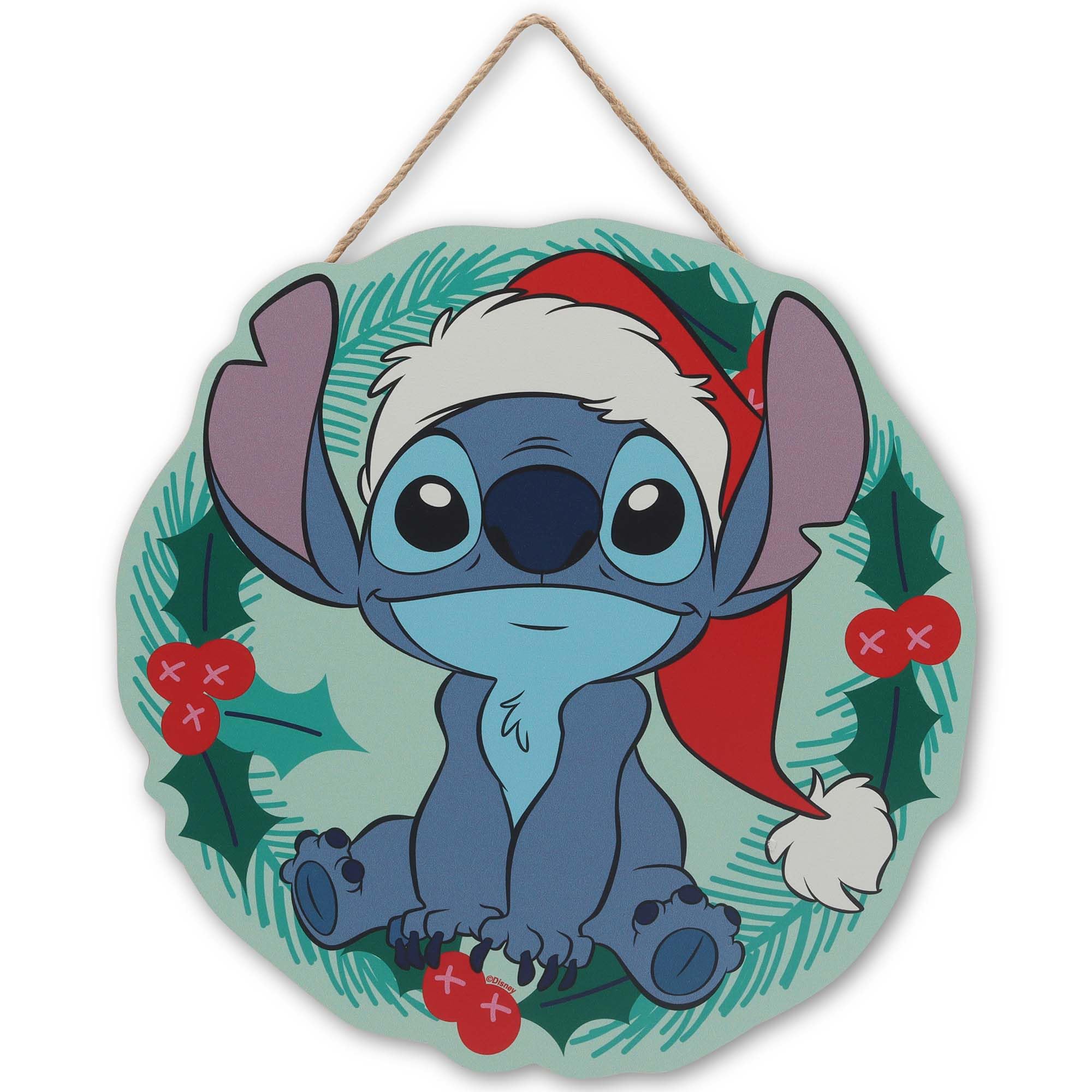 Open Road Brands Disney Lilo and Stitch Christmas Wreath Hanging Wood Sign - Fun Stitch Holiday Wall Decor for Home