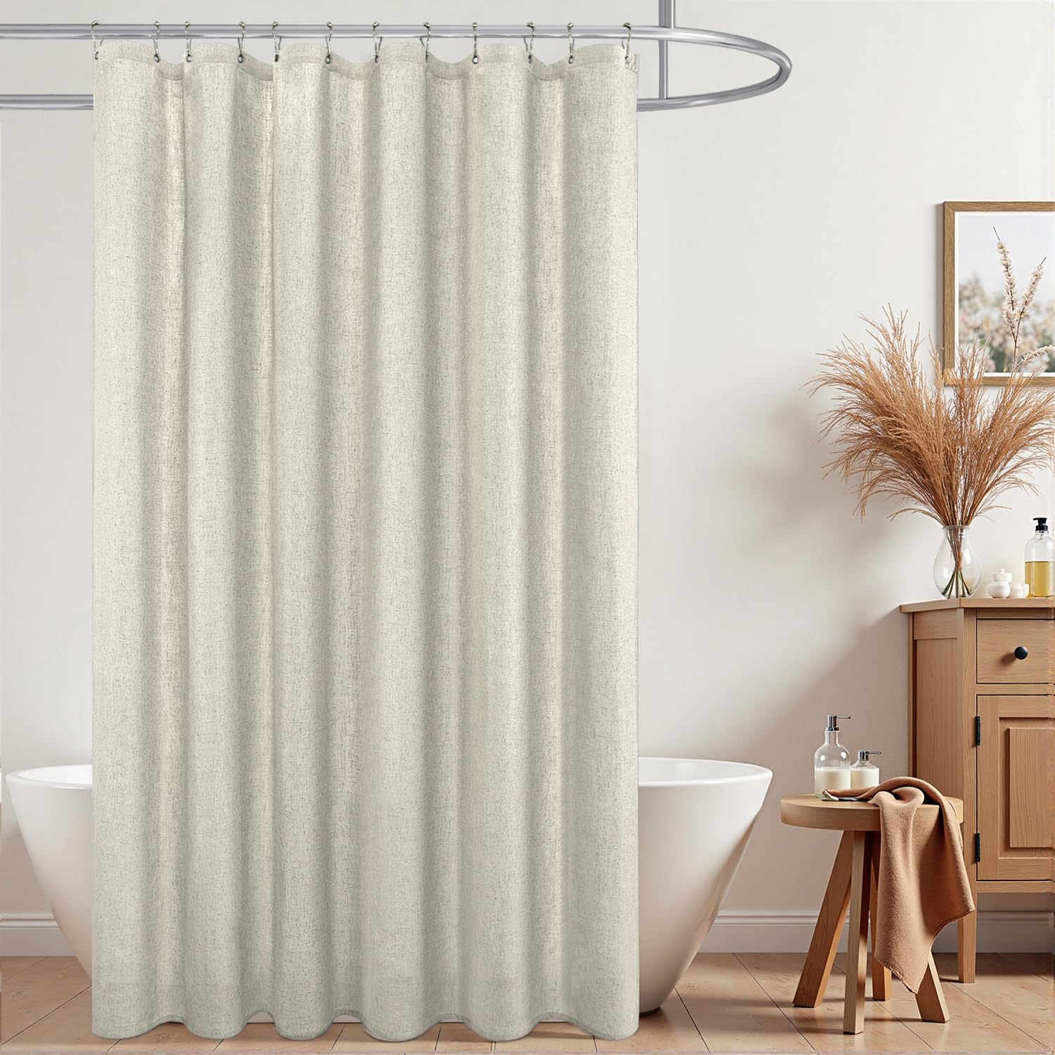 KOUFALL Natural Linen Fabric Shower Curtain Liner Set with Hooks Outdoor Waterproof Water Vintage Country Style Rustic Shower Curtains for Bathroom Tan Beige 72 x 84 Inch Tall
