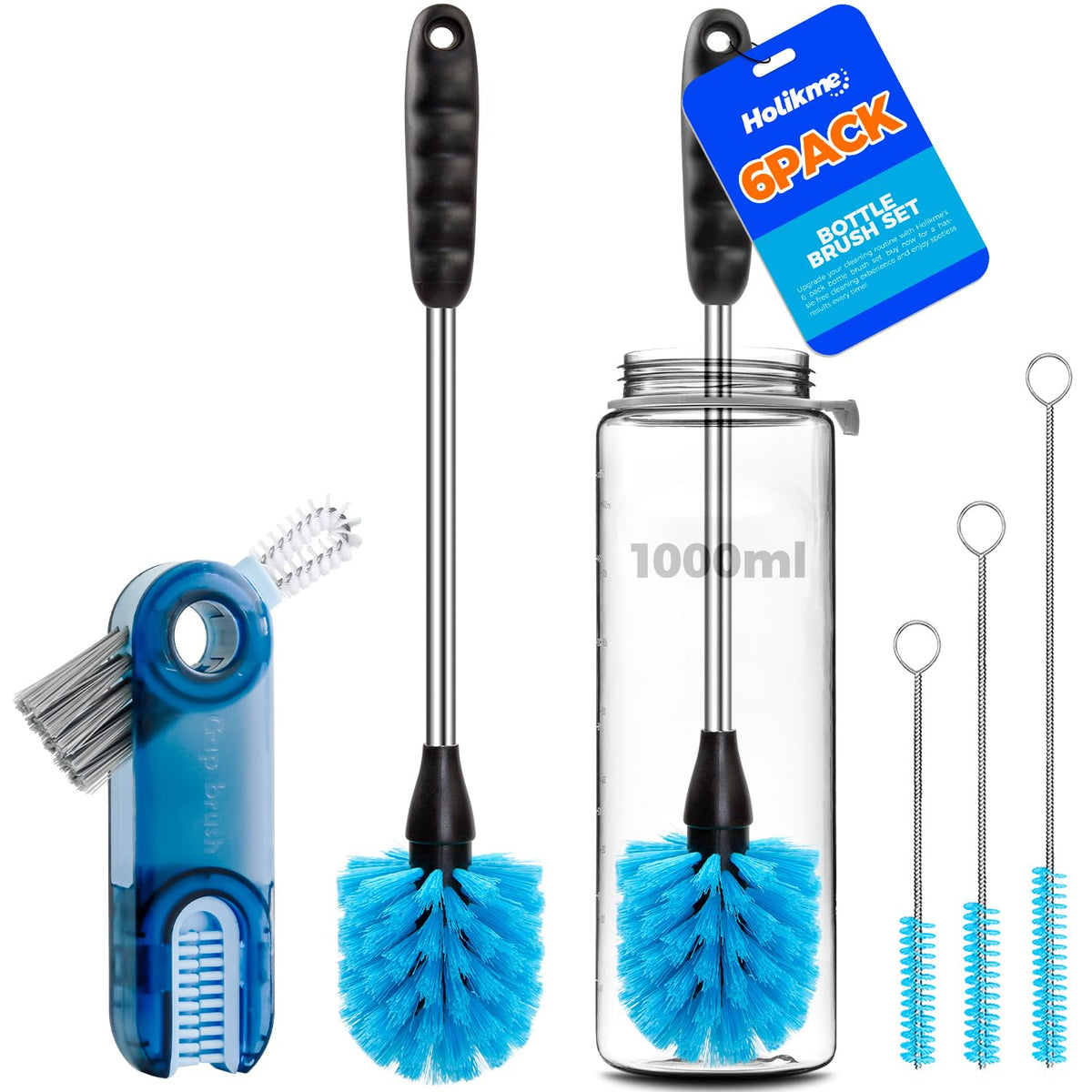 Holikme 6 Pack Bottle Brush Cleaner Set, 14'' Long Handle Stainless Steel Bottle Cleaner Brush, 3 Straw Brushes, Portable 3-In-1