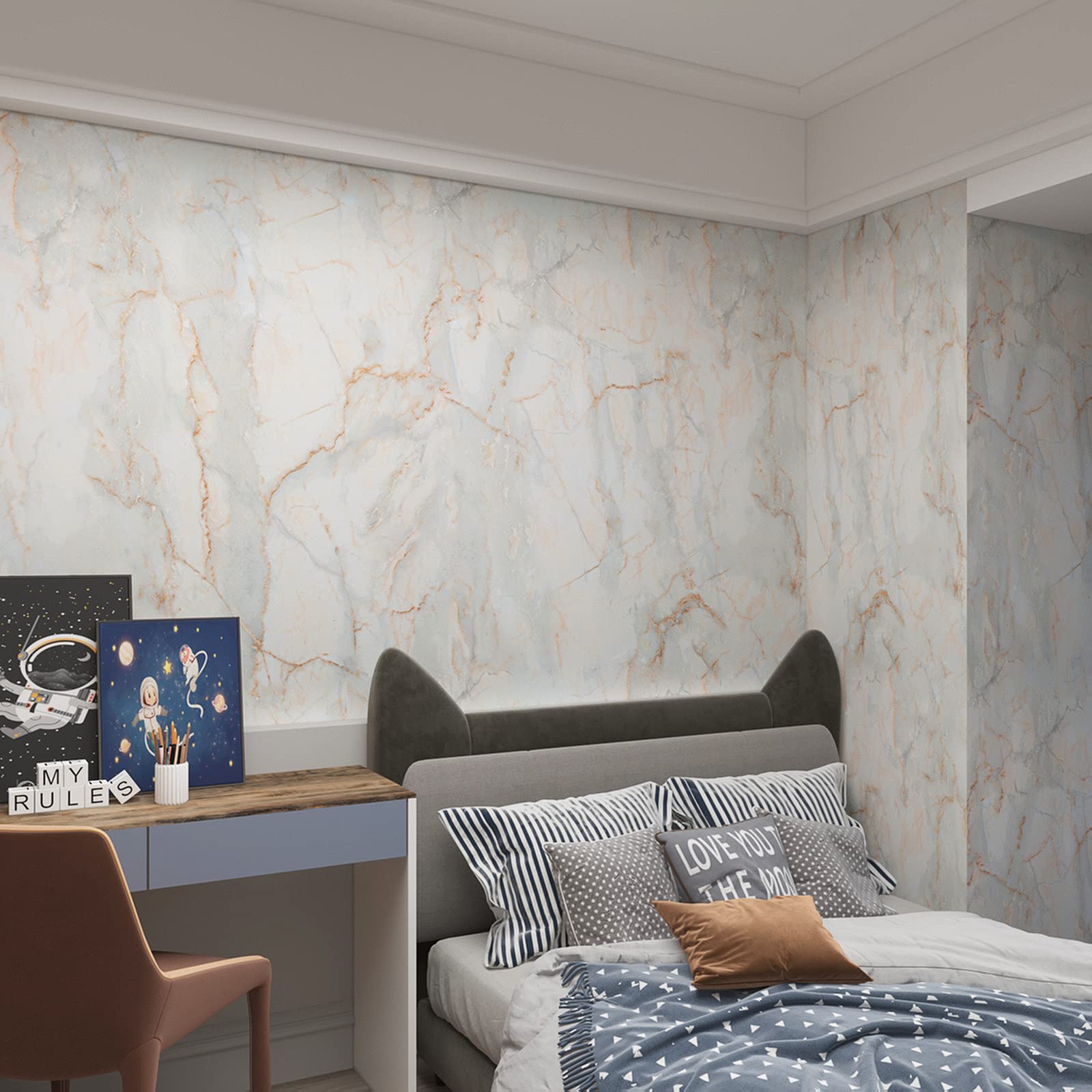 Boobest 31.5''X157'' Blue Gold Marble Contact Paper For Cabinets Removable Wall Paper Sticker Peel And Stick Wallpaper Granite C