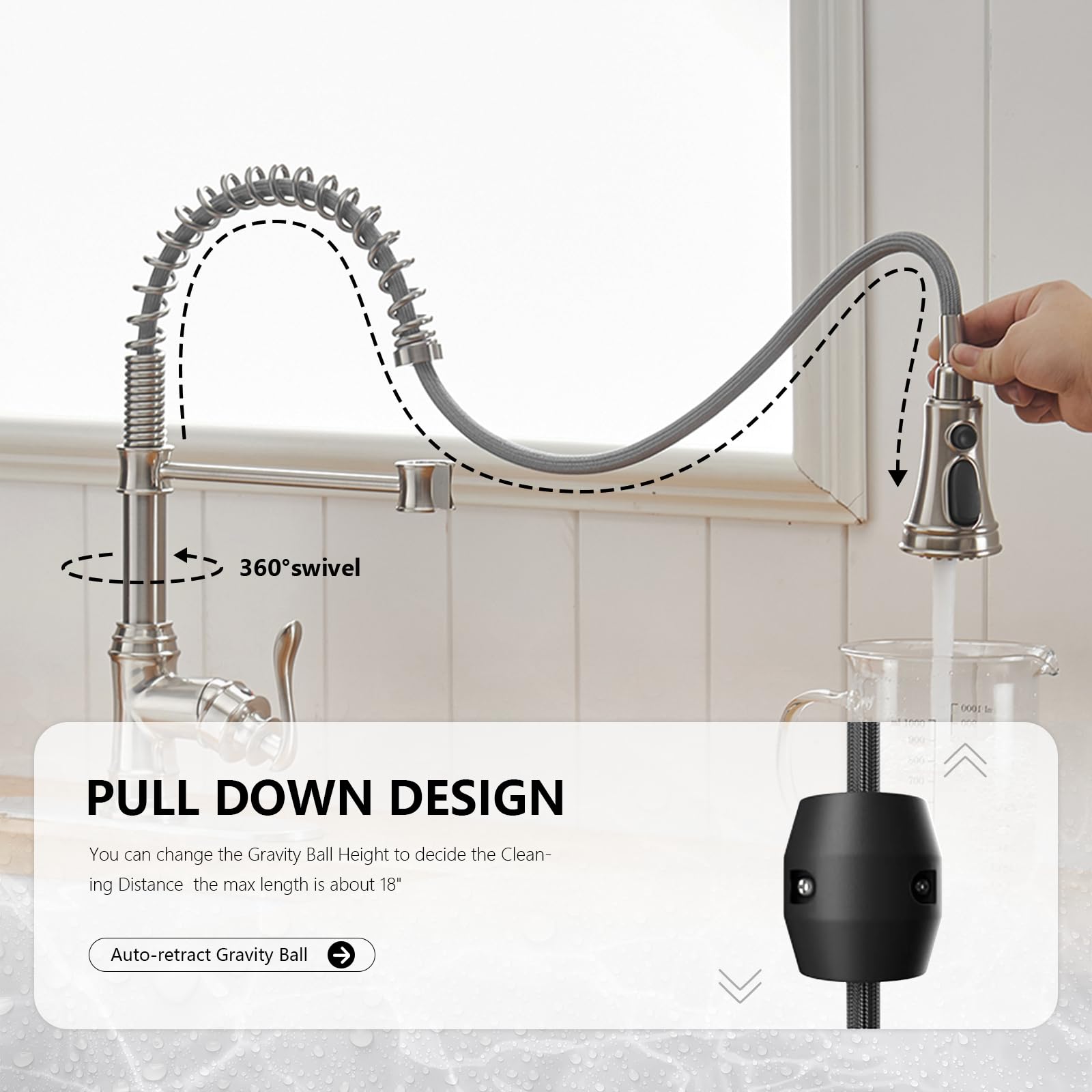 BWE Kitchen Sink Faucet Brushed Nickel with Deck Plate Single Handle Lever with Pull Down Sprayer Spring Kitchen Faucet 3 Function High Arc Lead-Free Farmhouse Commercial Bar Kitchen Faucets